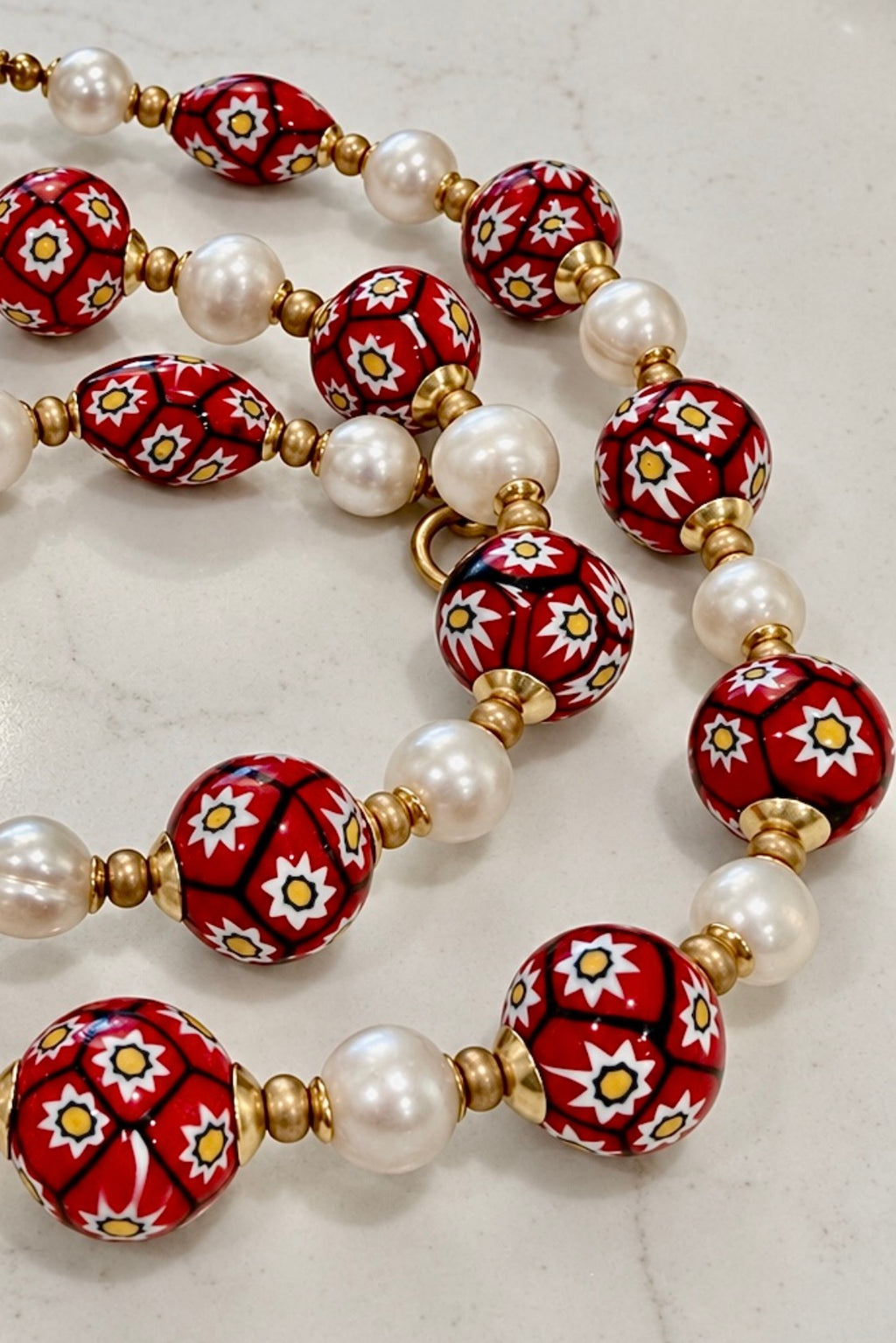 Rosario Leonardi Vintage Red & White Vintage Ercole Moretti Red & White Flowered Beads With White Freshwater Pearls 22”Necklace