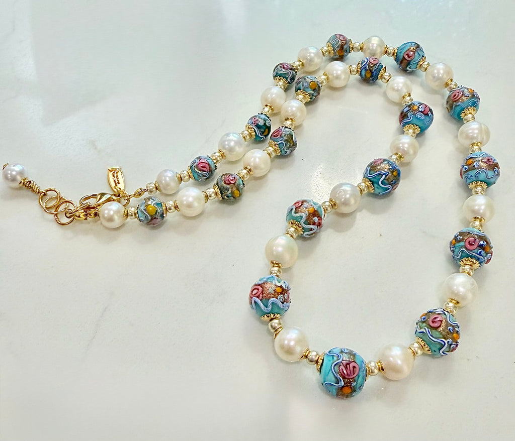 Rosario Leonardi Vintage Fancy Wedding Cake Beads & White Freshwater Pearl Necklace