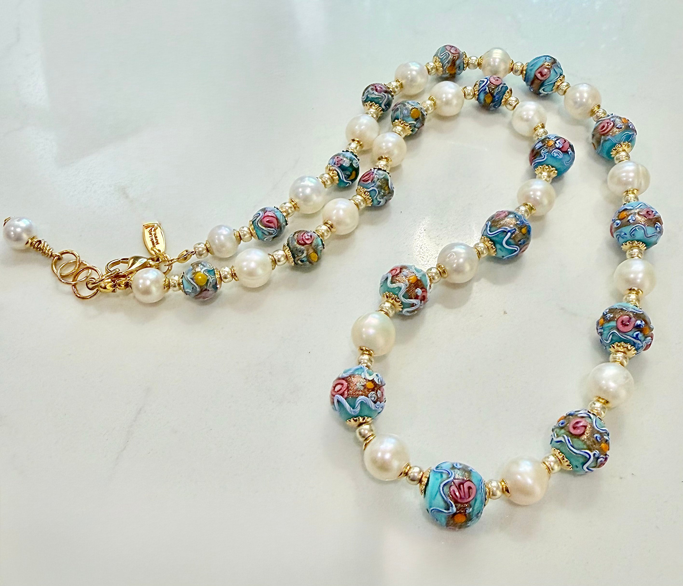 Rosario Leonardi Vintage Fancy Wedding Cake Beads & White Freshwater Pearl Necklace