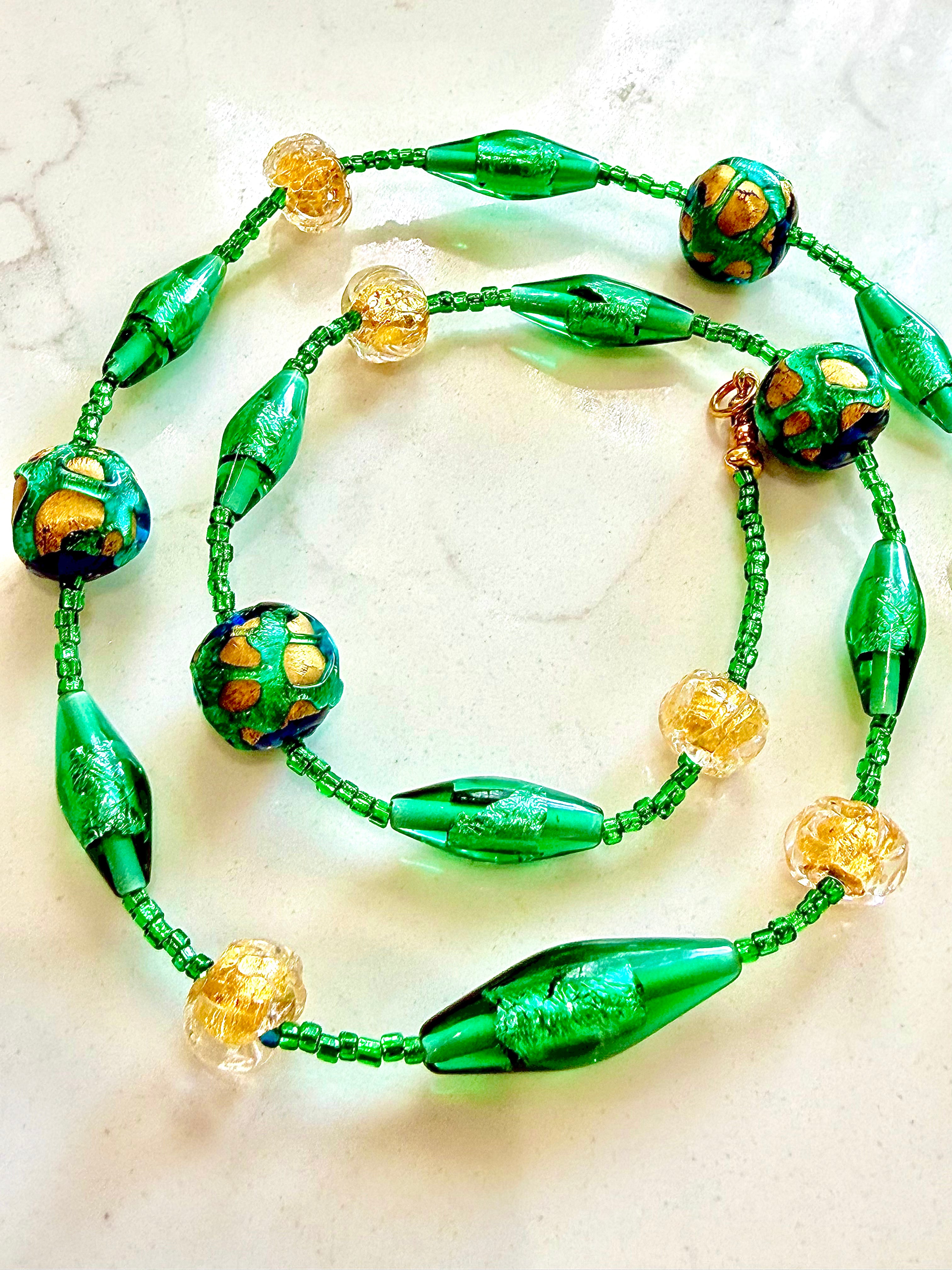 Rosario Leonardi “Boy That’s Green & Gold!” Murano Lampwork & Czech Glass Necklace, One of a Kind.