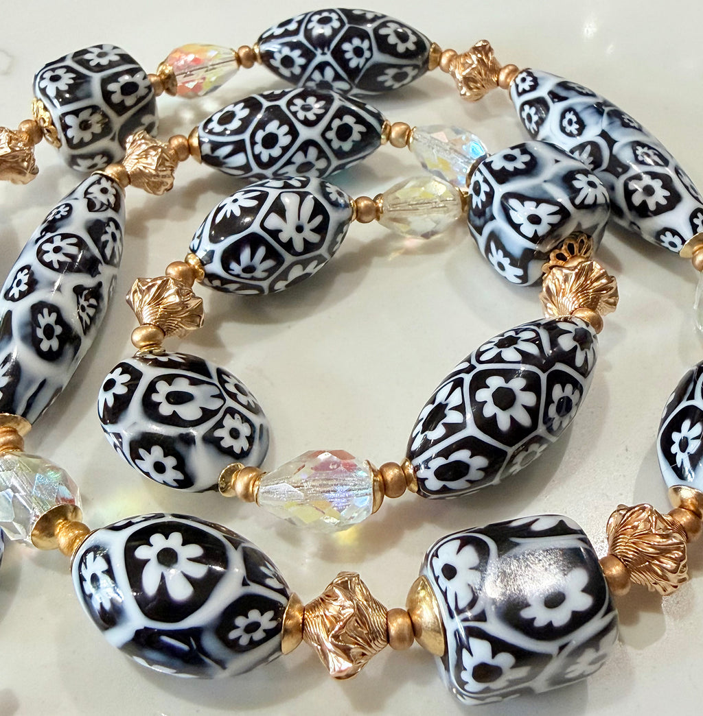 Black & White Millefiori Murano Glass Necklace Featuring EXCLUSIVE Ercole Moretti Beads & 12k Yellow Gold Filled Lantern Beads