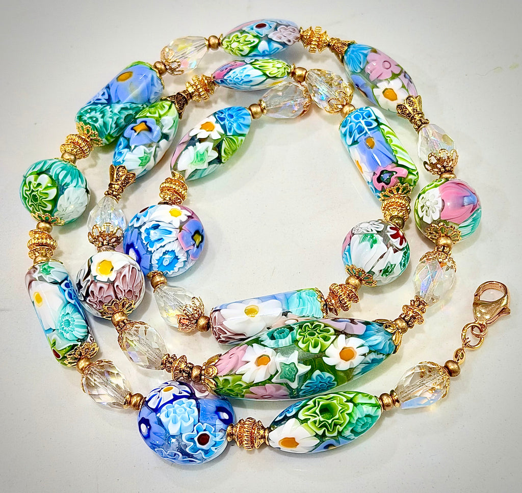 Pastel Lace Matched Millefiori Murano Glass Necklace Featuring Moretti Beads