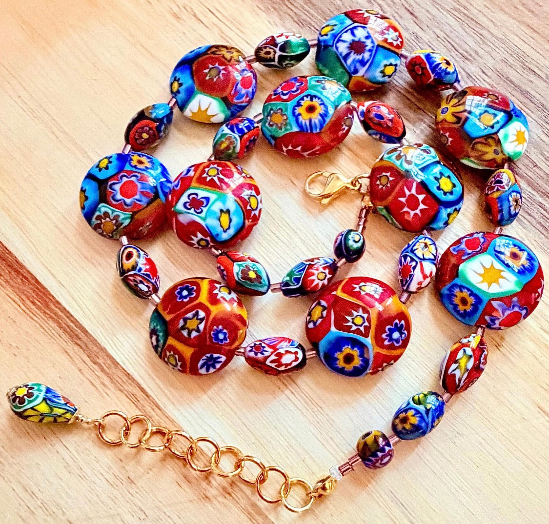 Rosario Leonardi Beaded Coin Shaped Necklace Featuring Ercole Moretti Red & Blue Flower Patterned  Beads