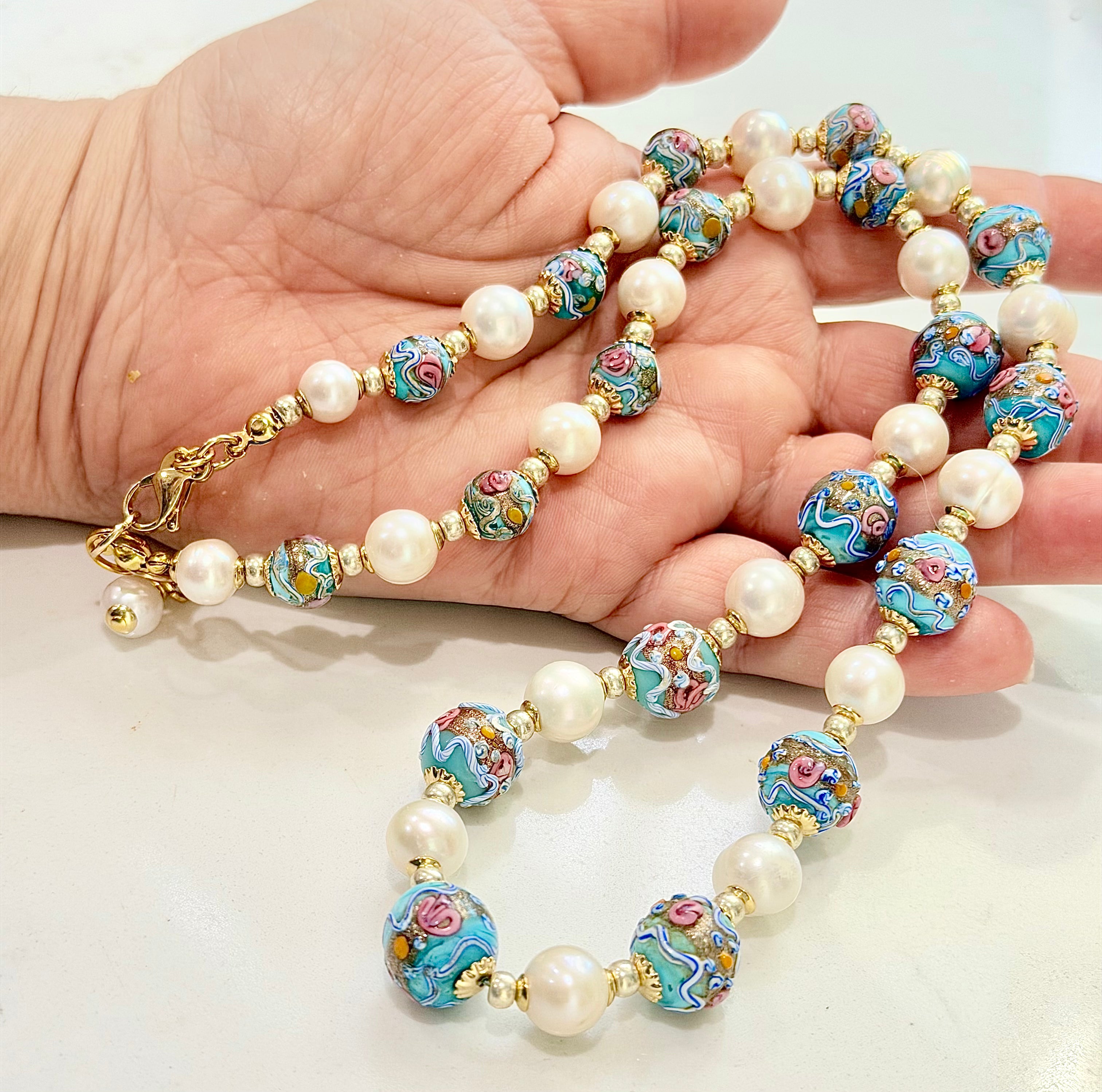 Rosario Leonardi Vintage Fancy Wedding Cake Beads & White Freshwater Pearl Necklace