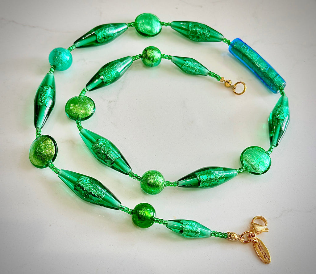 Rosario Leonardi “Boy That’s Green” Murano Lampwork & CzechGlass Necklace, One of a Kind.