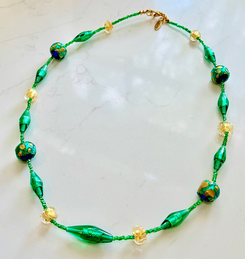 Rosario Leonardi “Boy That’s Green & Gold!” Murano Lampwork & Czech Glass Necklace, One of a Kind.