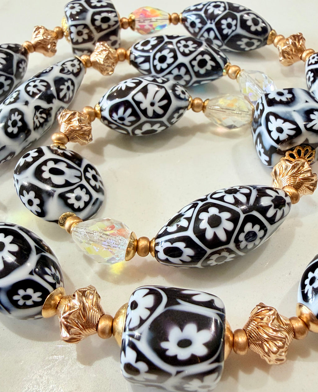 Black & White Millefiori Murano Glass Necklace Featuring EXCLUSIVE Ercole Moretti Beads & 12k Yellow Gold Filled Lantern Beads