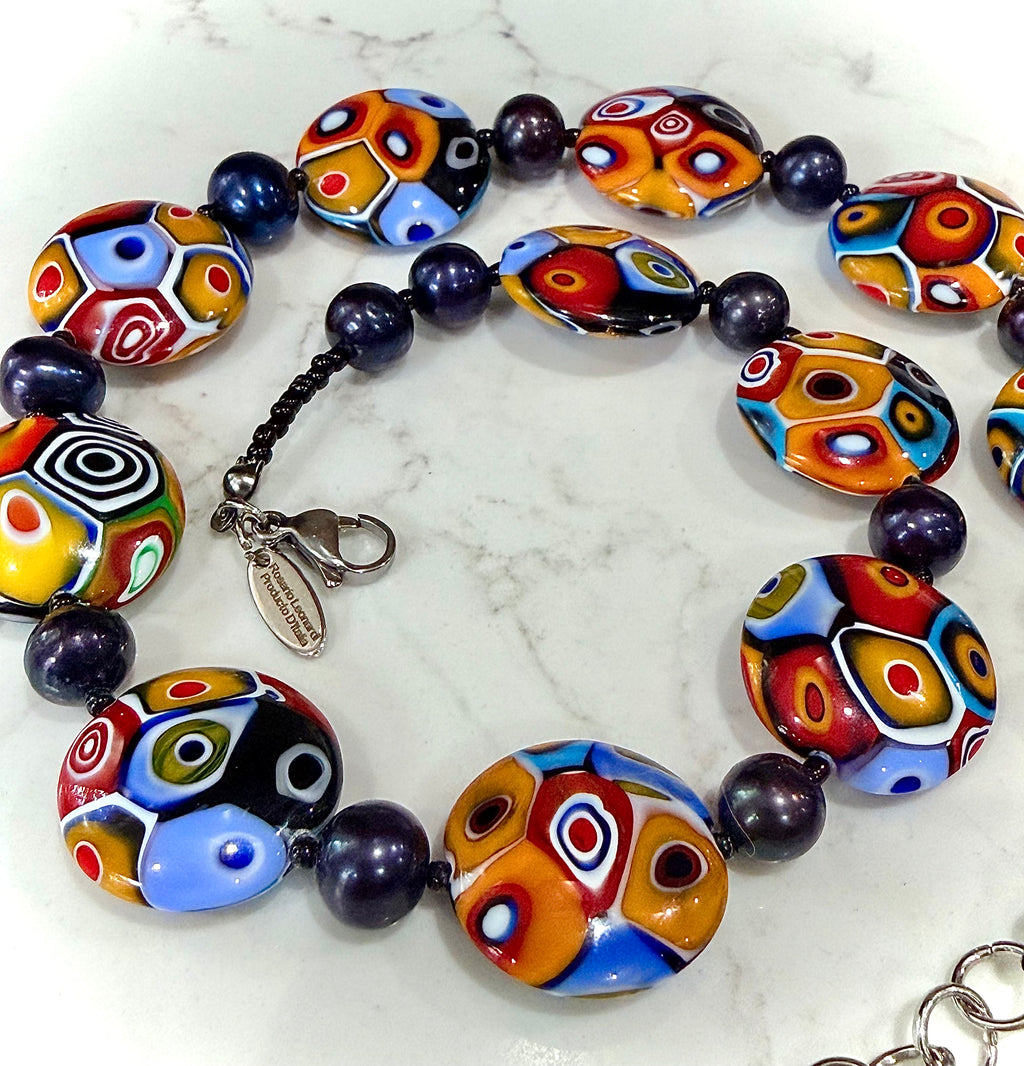 Rosario Leonardi Black Freshwater Pearl & Multicolored Coin Shaped Bead Necklace Featuring Ercole Moretti TriColored Patterned  Beads