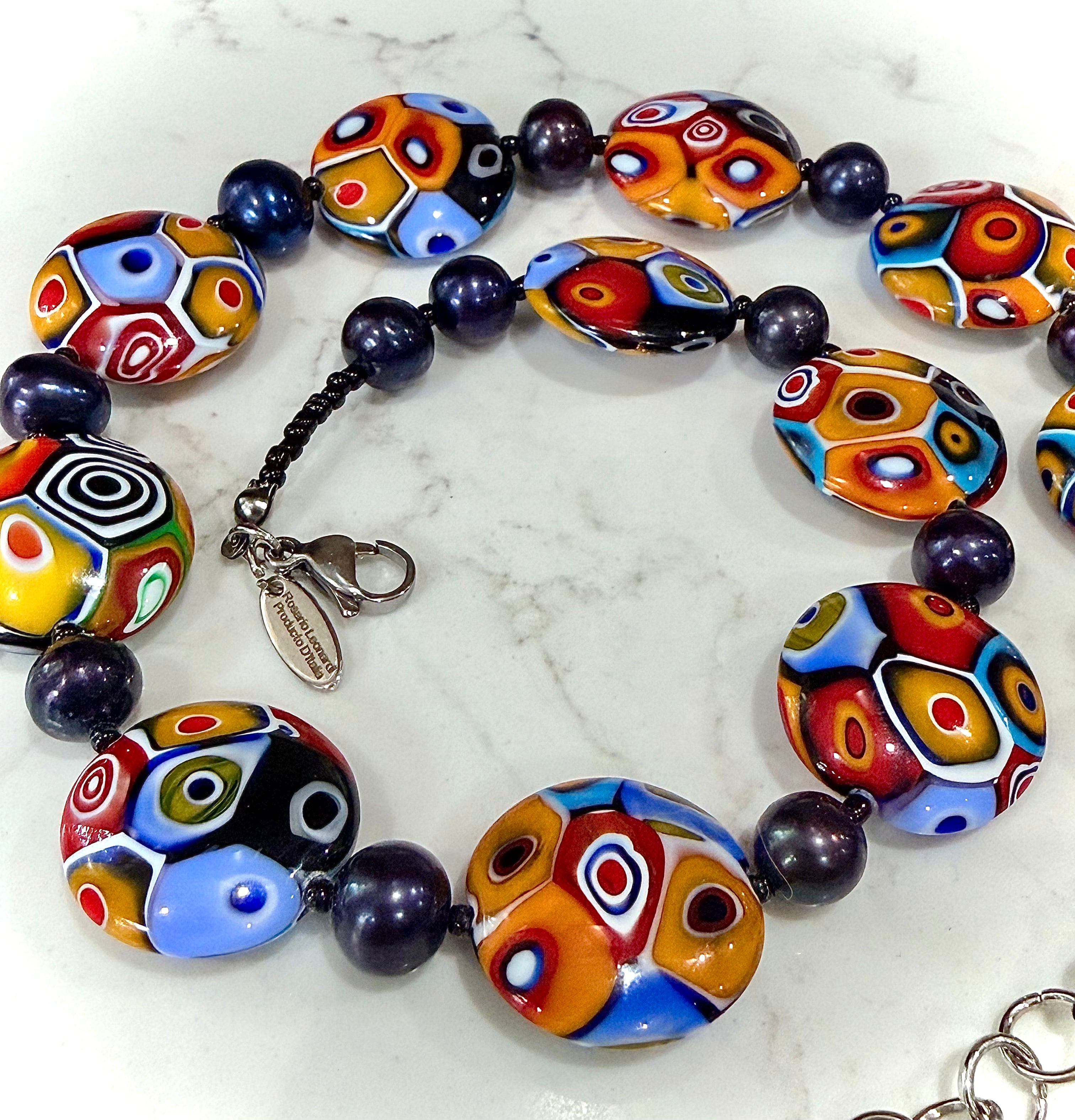 Rosario Leonardi Black Freshwater Pearl & Multicolored Coin Shaped Bead Necklace Featuring Ercole Moretti TriColored Patterned  Beads