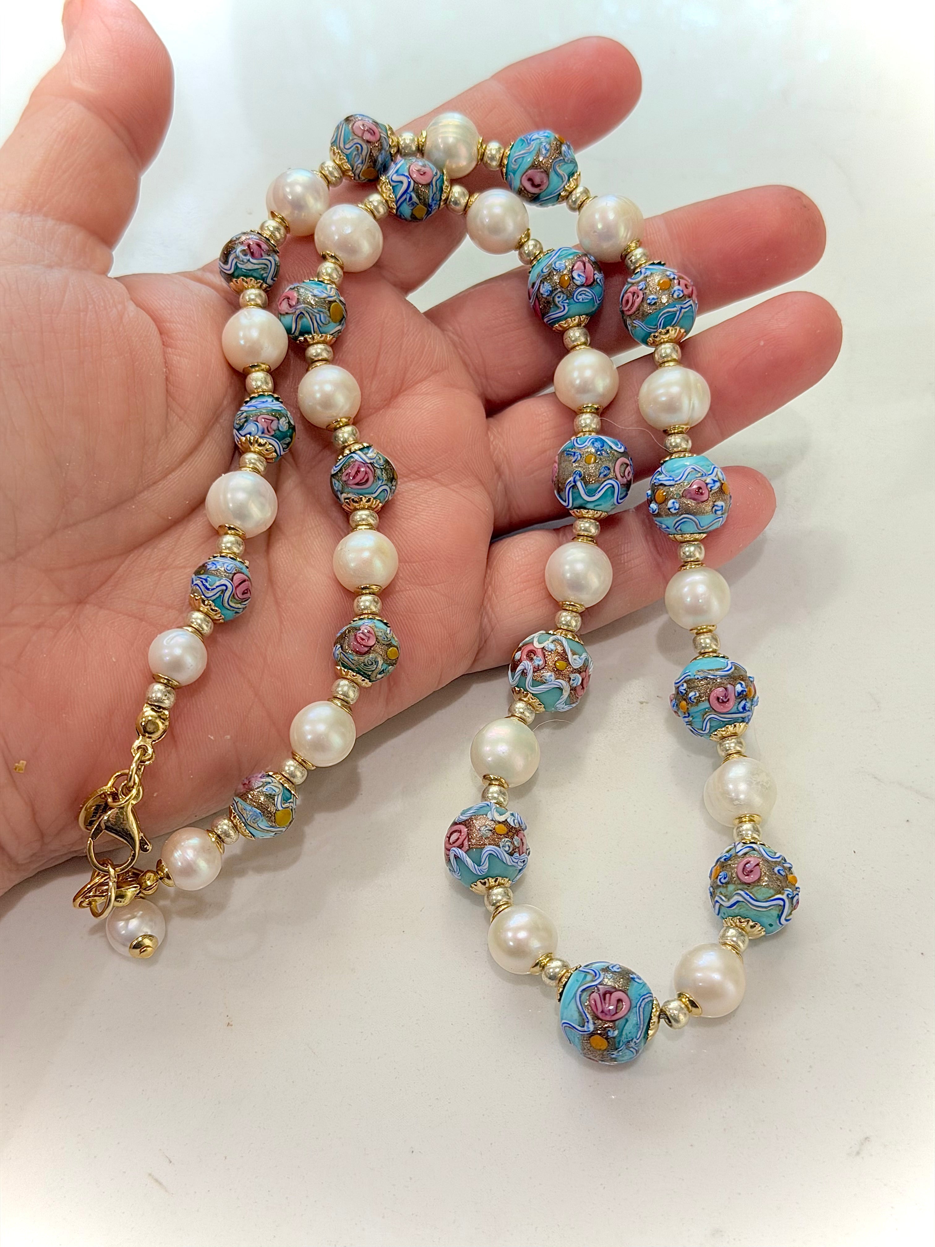 Rosario Leonardi Vintage Fancy Wedding Cake Beads & White Freshwater Pearl Necklace