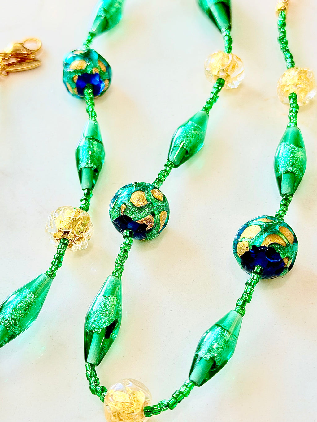 Rosario Leonardi “Boy That’s Green & Gold!” Murano Lampwork & Czech Glass Necklace, One of a Kind.