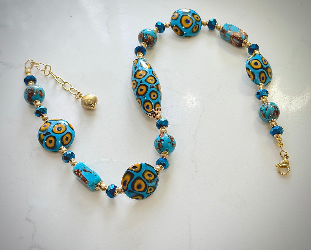 Perfect Combination of Old Meets New-Rosario Leonardi Aqua Blue & Gold Themed Necklace Featuring Exclusive Custom Moretti Beads