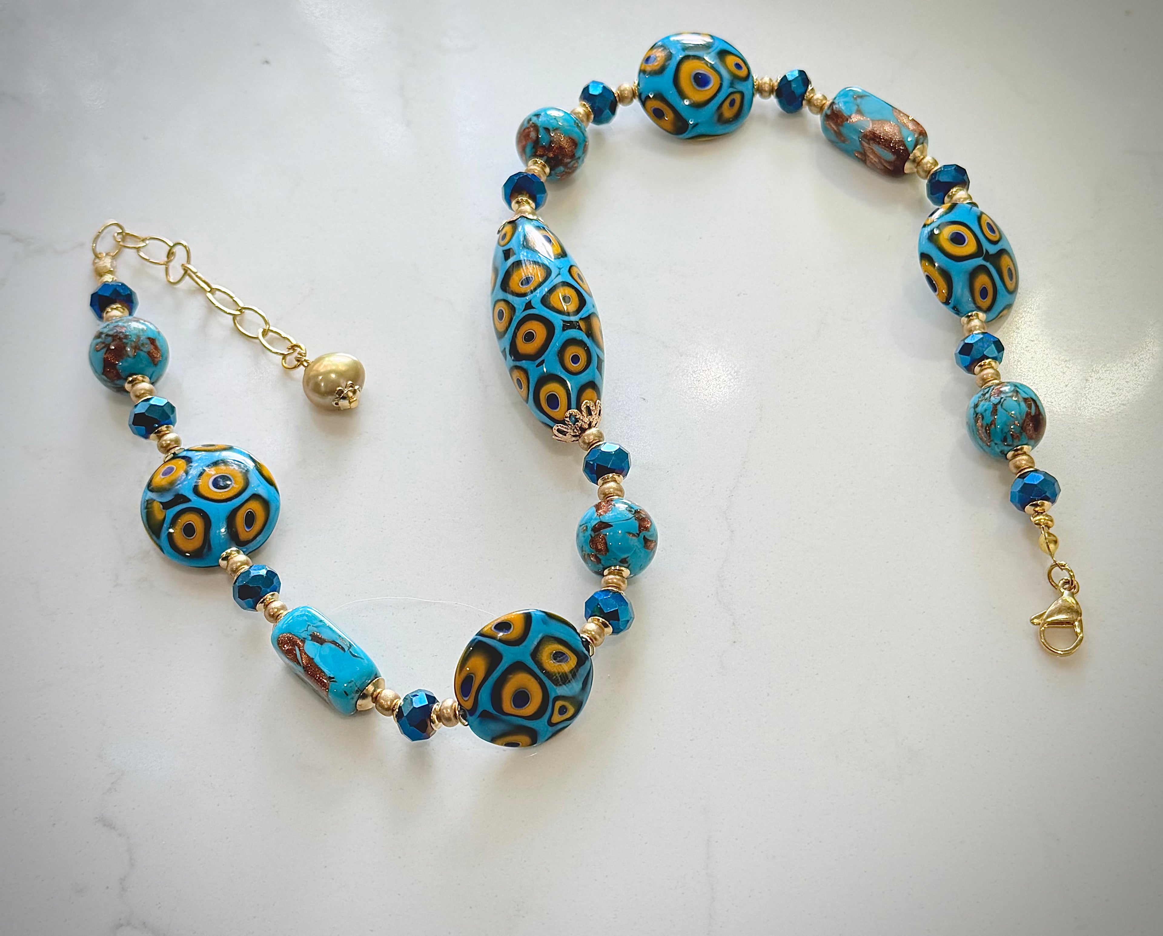 Perfect Combination of Old Meets New-Rosario Leonardi Aqua Blue & Gold Themed Necklace Featuring Exclusive Custom Moretti Beads