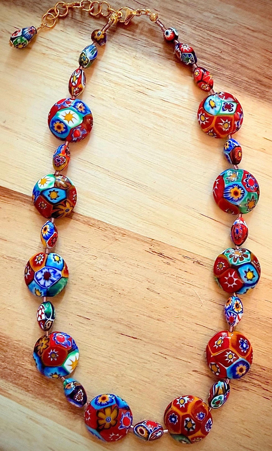 Rosario Leonardi Beaded Coin Shaped Necklace Featuring Ercole Moretti Red & Blue Flower Patterned  Beads