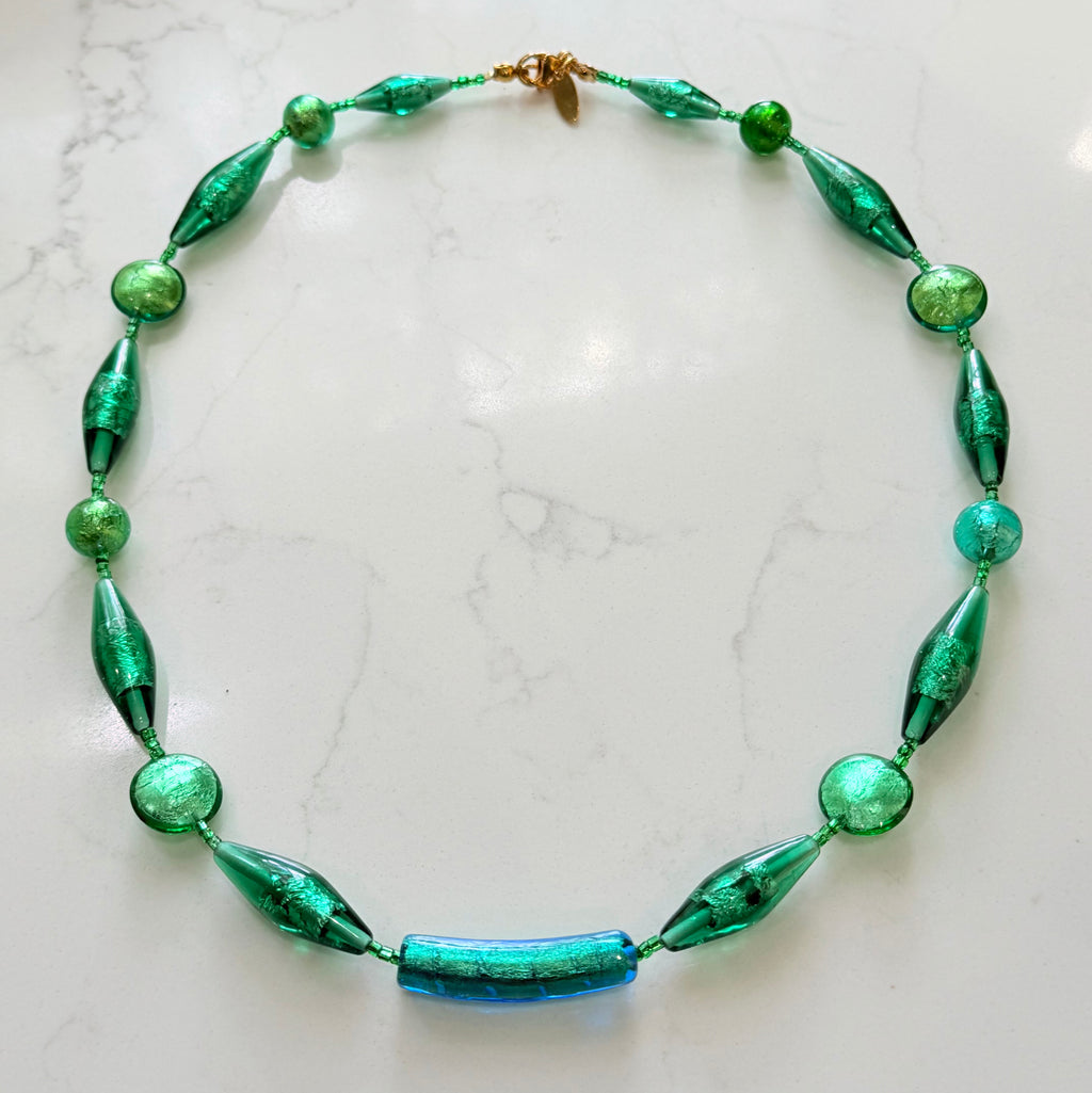 Rosario Leonardi “Boy That’s Green” Murano Lampwork & CzechGlass Necklace, One of a Kind.