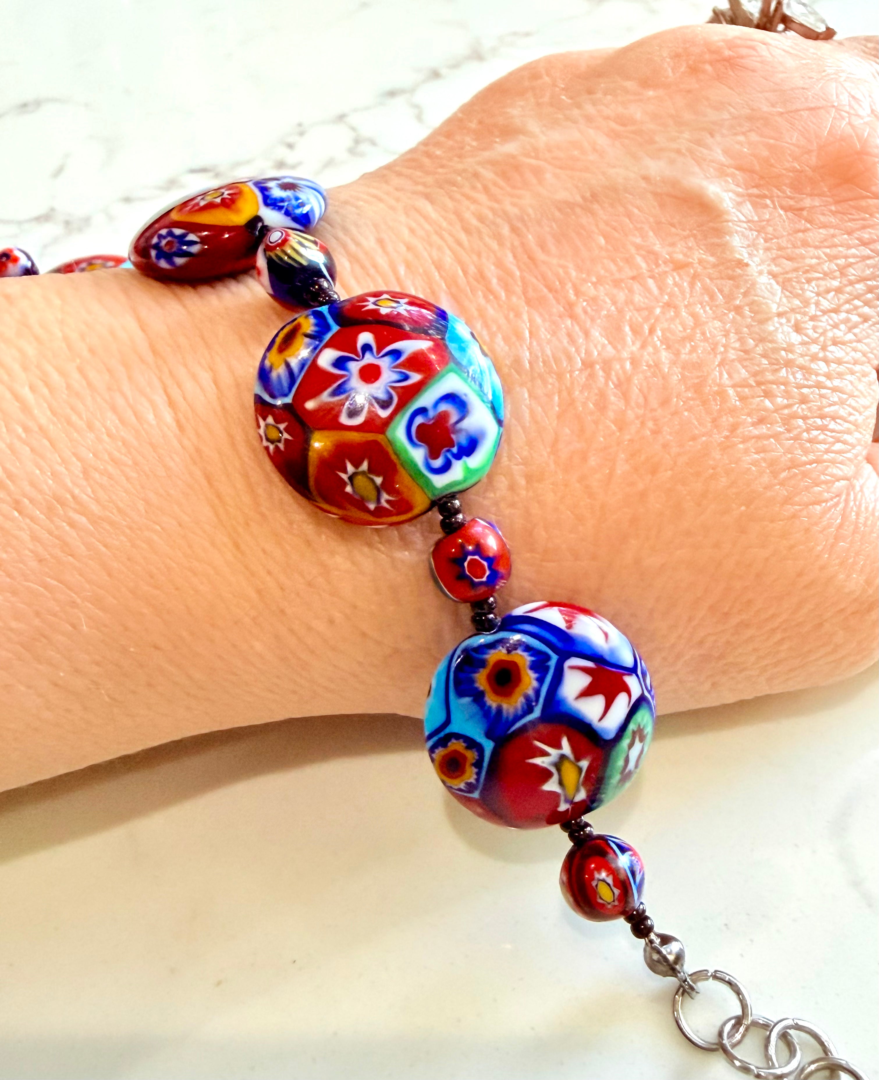 Rosario Leonardi Beaded Coin Shaped Bracelet Featuring Ercole Moretti Red & Blue Flower Patterned  Beads