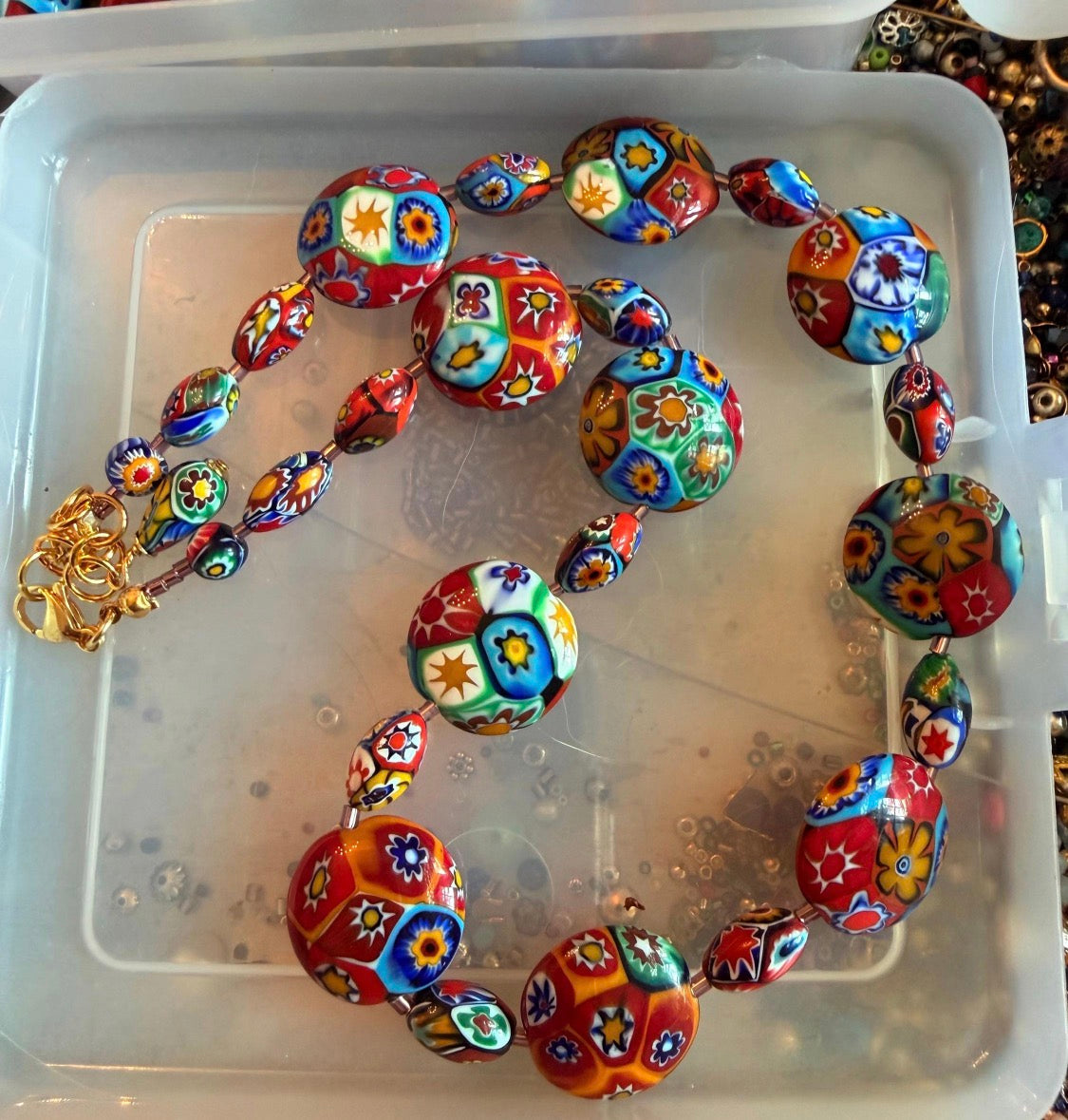 Rosario Leonardi Beaded Coin Shaped Necklace Featuring Ercole Moretti Red & Blue Flower Patterned  Beads
