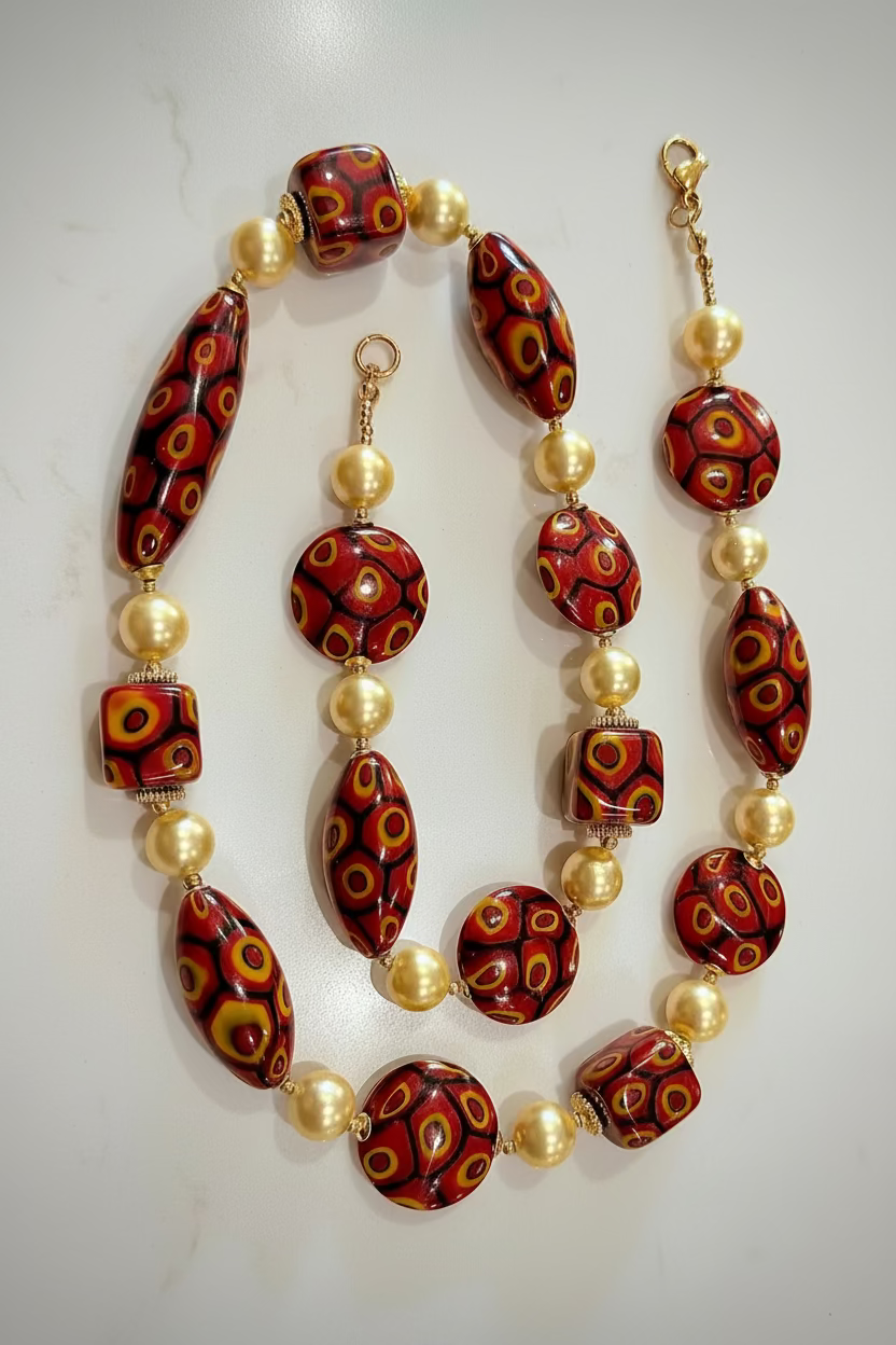Rosario Leonardi Golden Shell Pearl With Moretti Red, Yellow & Black Beaded Necklace
