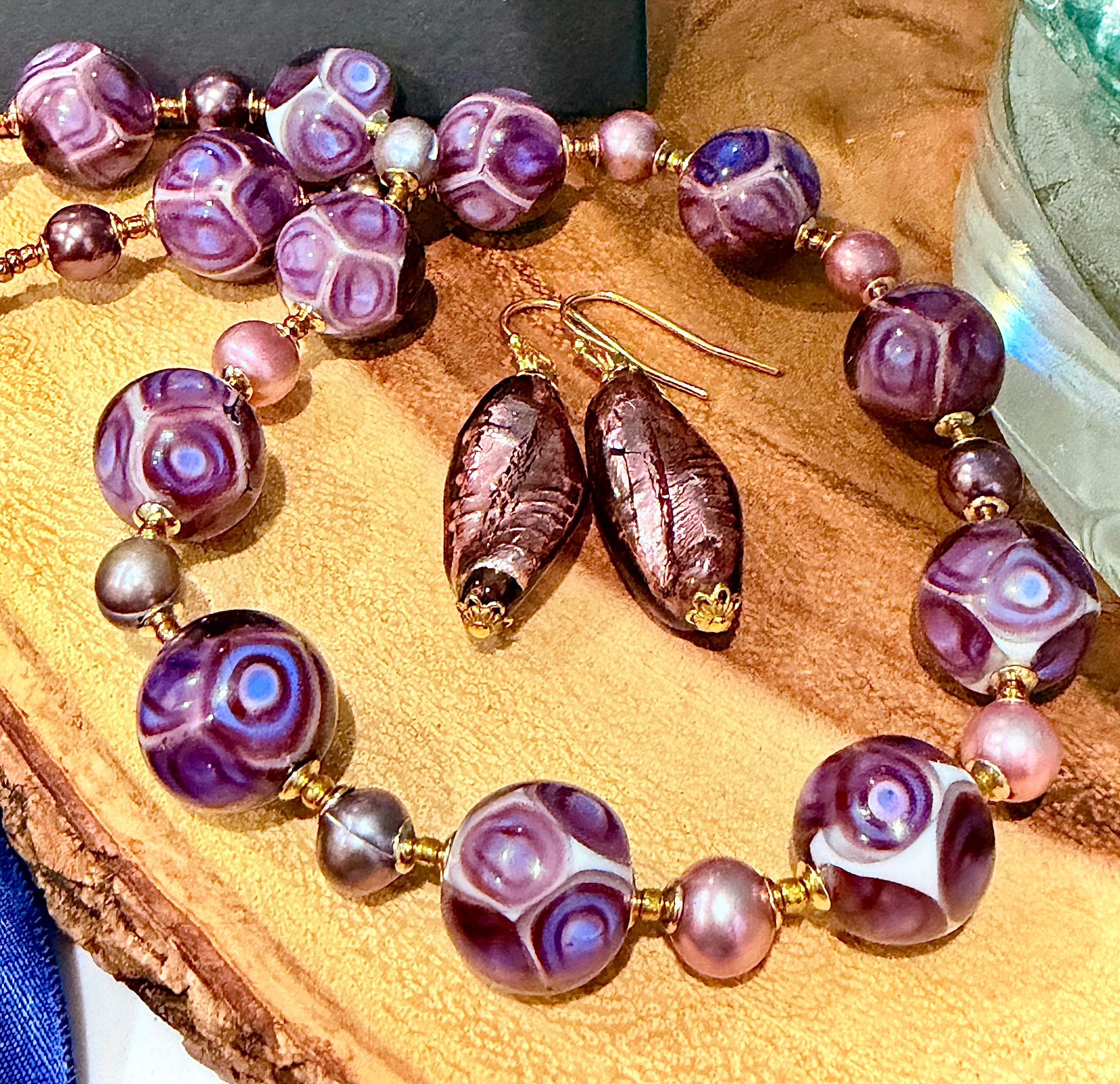 Rosario Leonardi Purple Choker & Earring Set Featuring Ercole Moretti & Vintage Foil Beads