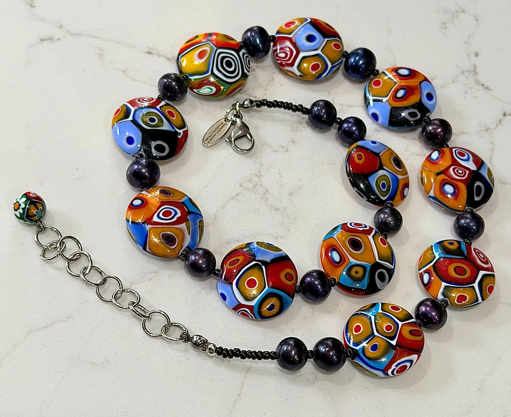 Rosario Leonardi Black Freshwater Pearl & Multicolored Coin Shaped Bead Necklace Featuring Ercole Moretti TriColored Patterned  Beads