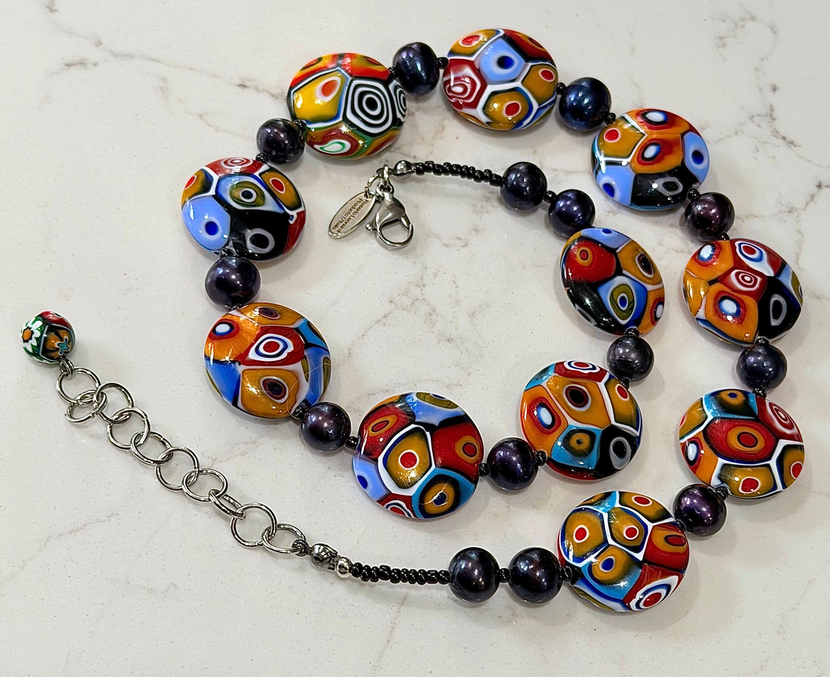 Rosario Leonardi Black Freshwater Pearl & Multicolored Coin Shaped Bead Necklace Featuring Ercole Moretti TriColored Patterned  Beads