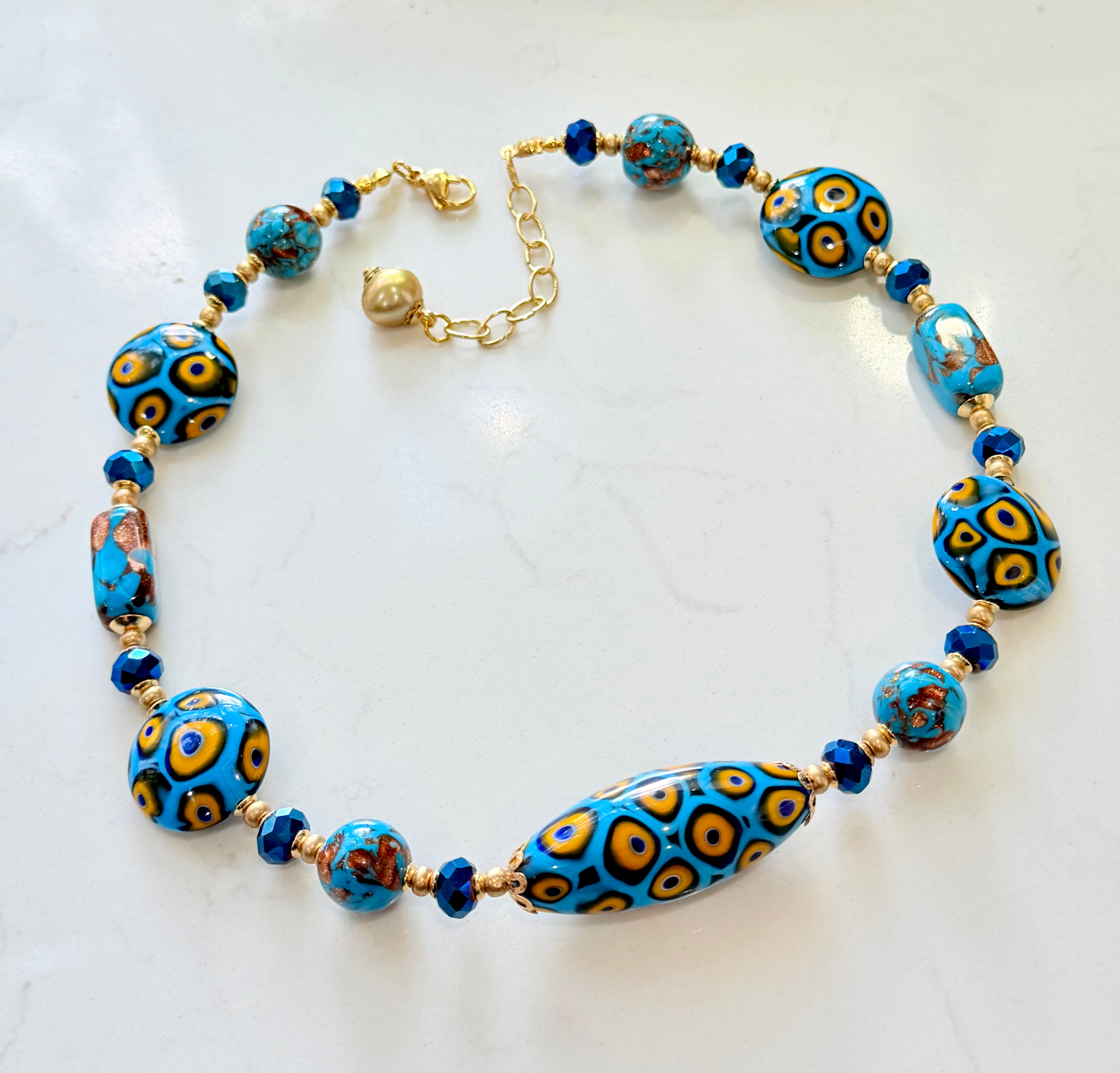 Perfect Combination of Old Meets New-Rosario Leonardi Aqua Blue & Gold Themed Necklace Featuring Exclusive Custom Moretti Beads