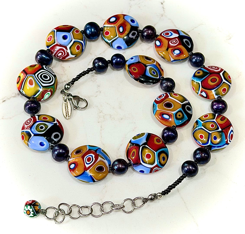 Rosario Leonardi Black Freshwater Pearl & Multicolored Coin Shaped Bead Necklace Featuring Ercole Moretti TriColored Patterned  Beads