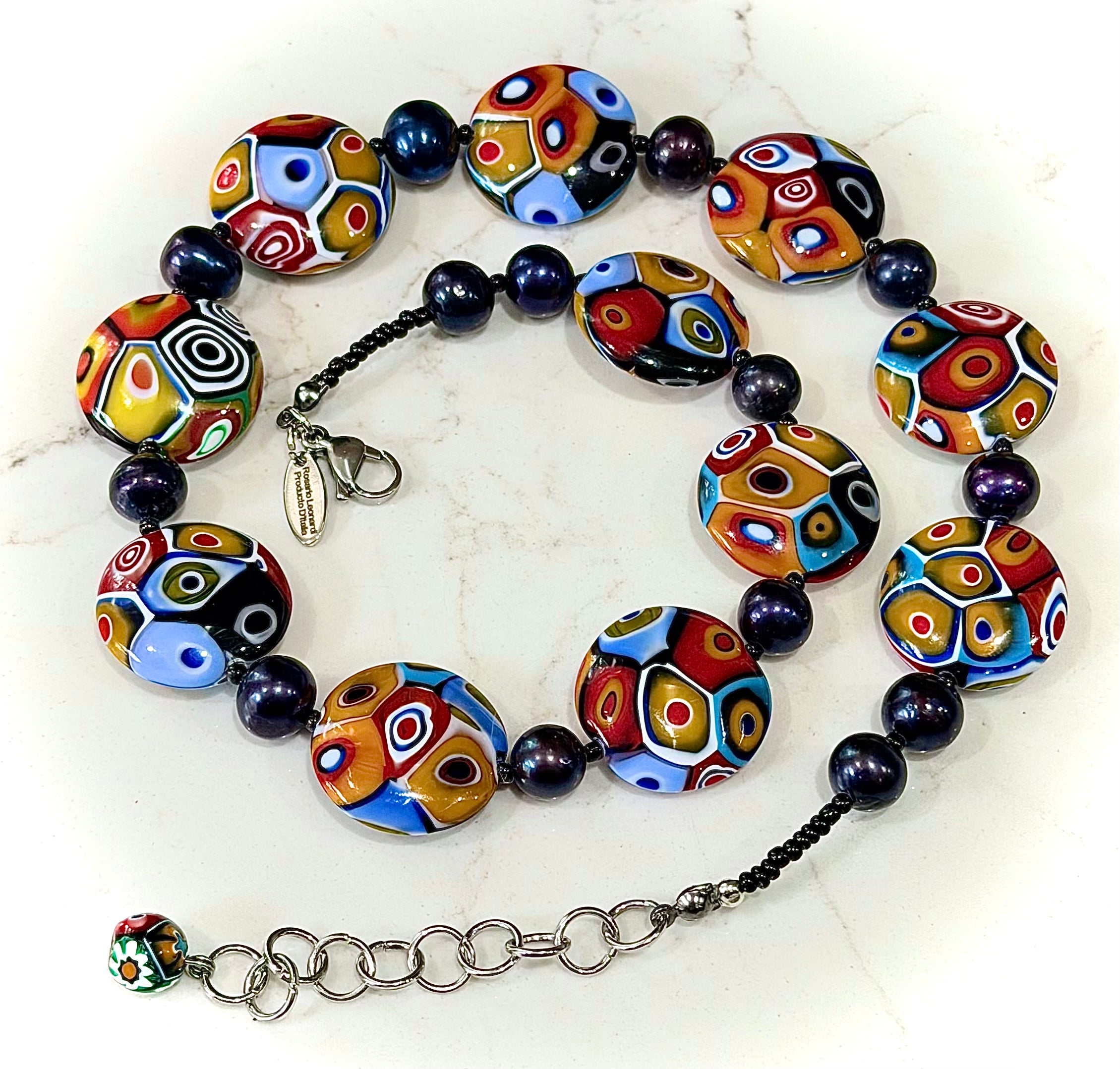 Rosario Leonardi Black Freshwater Pearl & Multicolored Coin Shaped Bead Necklace Featuring Ercole Moretti TriColored Patterned  Beads
