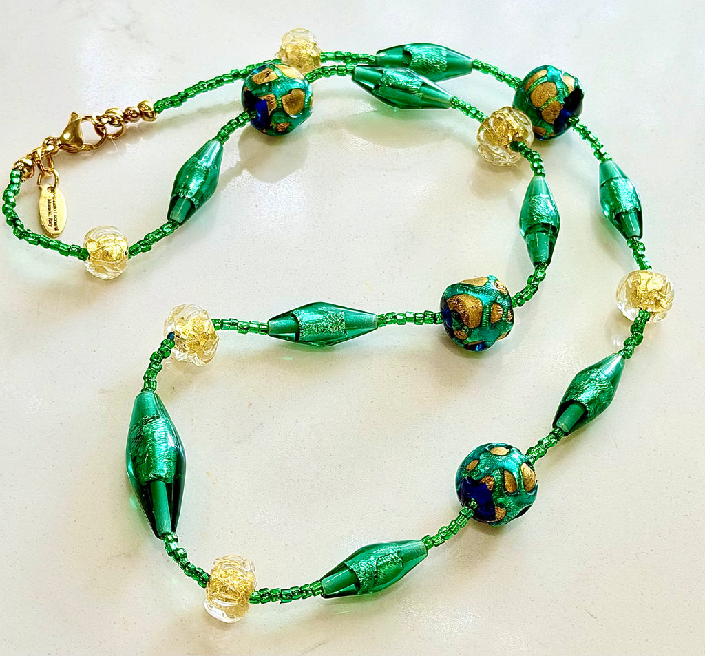 Rosario Leonardi “Boy That’s Green & Gold!” Murano Lampwork & Czech Glass Necklace, One of a Kind.
