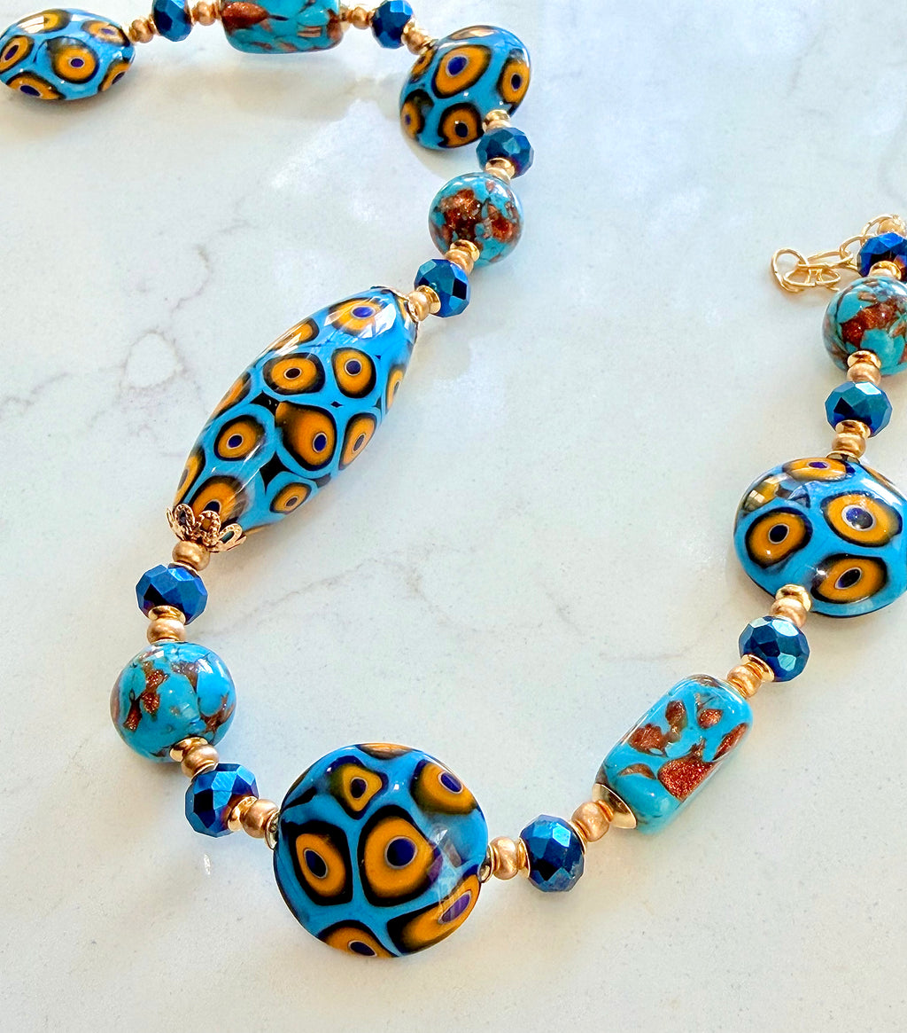 Perfect Combination of Old Meets New-Rosario Leonardi Aqua Blue & Gold Themed Necklace Featuring Exclusive Custom Moretti Beads
