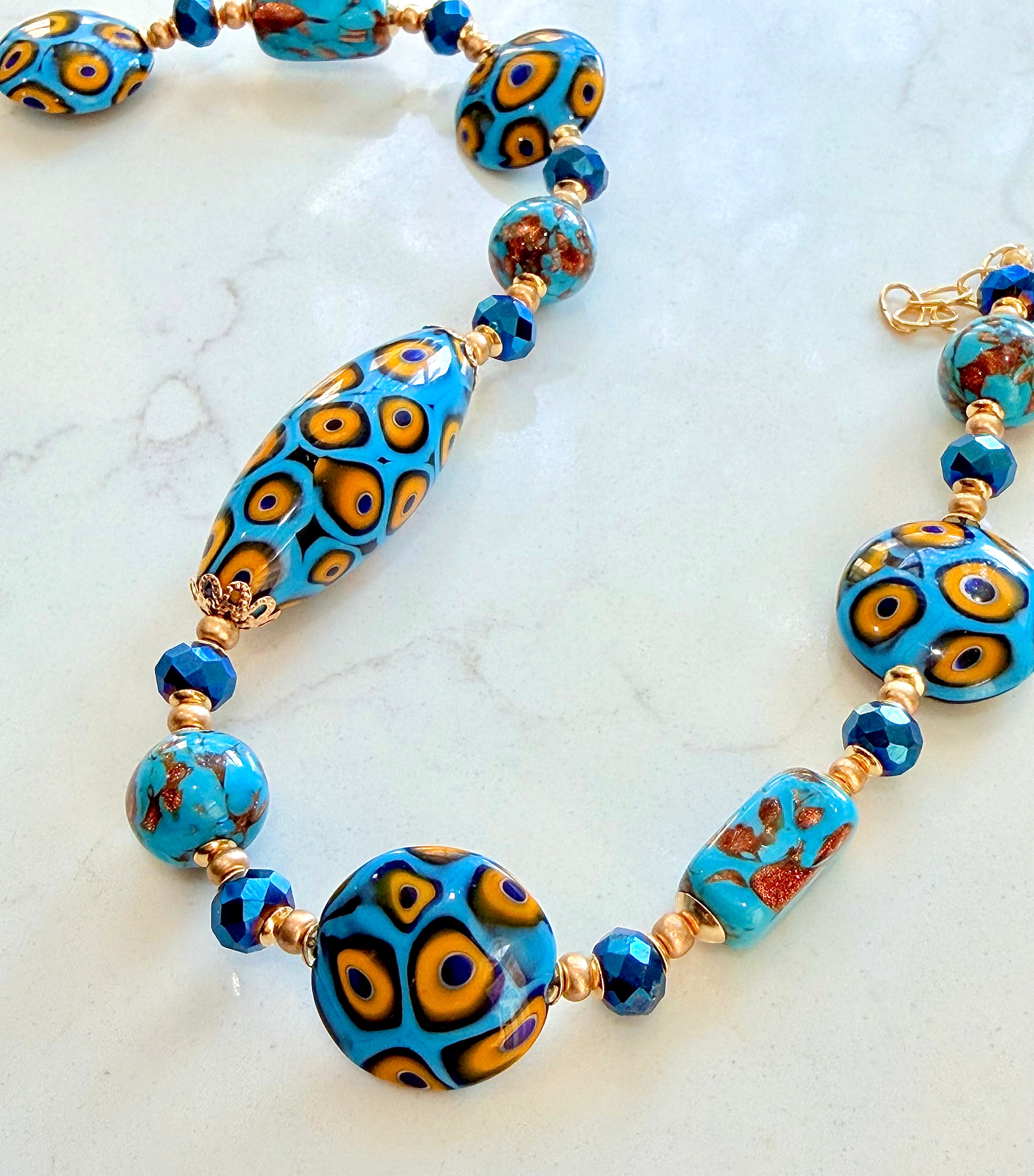 Perfect Combination of Old Meets New-Rosario Leonardi Aqua Blue & Gold Themed Necklace Featuring Exclusive Custom Moretti Beads