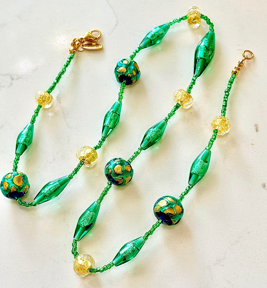 Rosario Leonardi “Boy That’s Green & Gold!” Murano Lampwork & Czech Glass Necklace, One of a Kind.