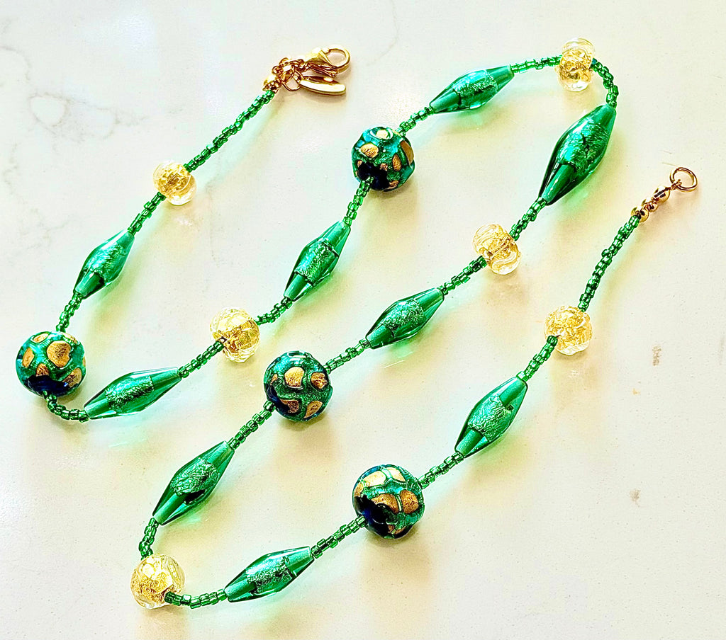 Rosario Leonardi “Boy That’s Green & Gold!” Murano Lampwork & Czech Glass Necklace, One of a Kind.