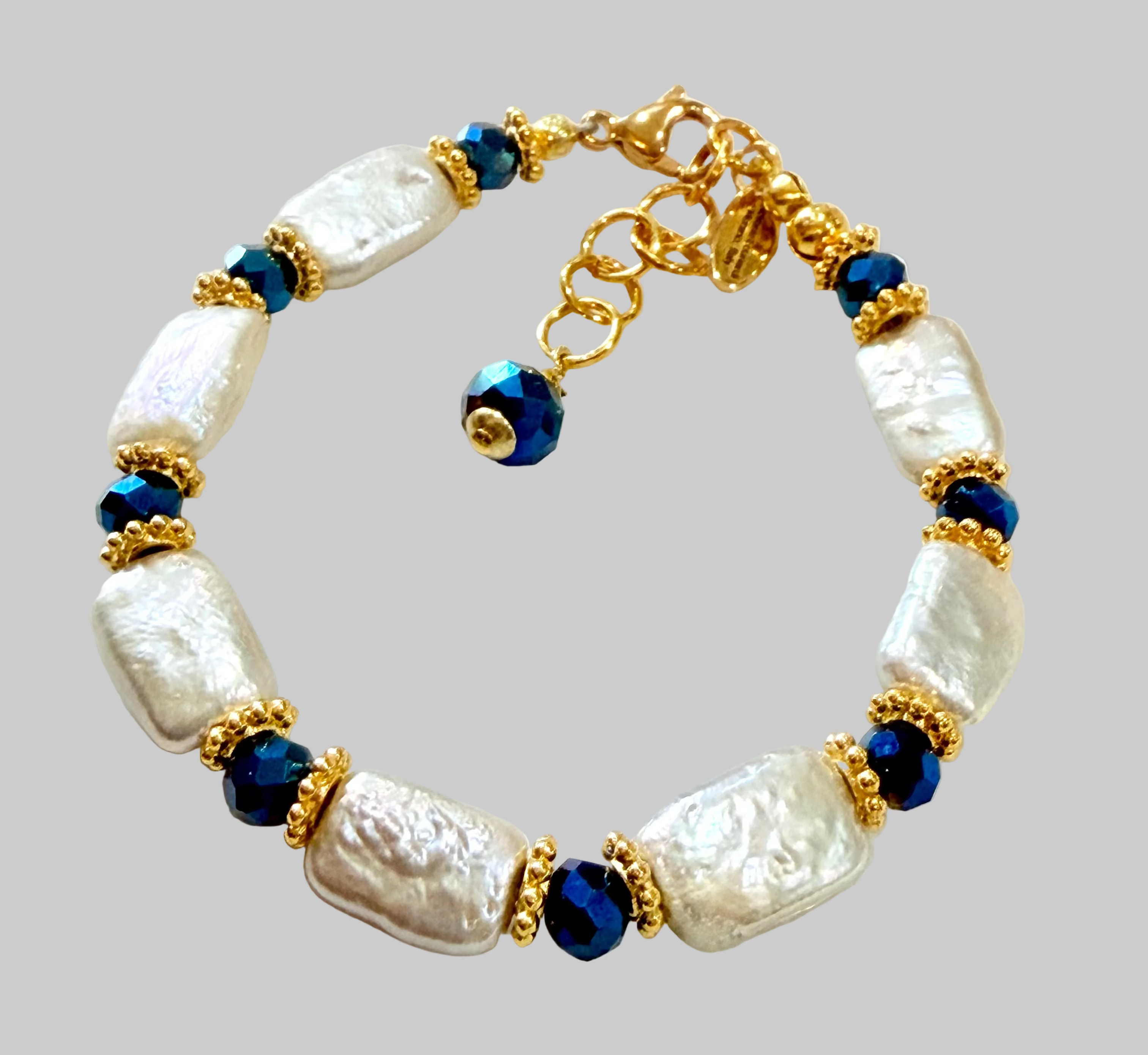 Gorgeous Rectangular Freshwater Pearl & Cobalt Crystal Bracelet