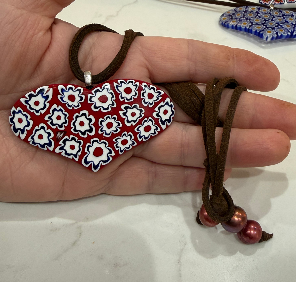 One of a Kind Moretti Heart Shaped Pendants on Strung on Chocolate Brown Vegan Suede With Freshwater Pearl Closure