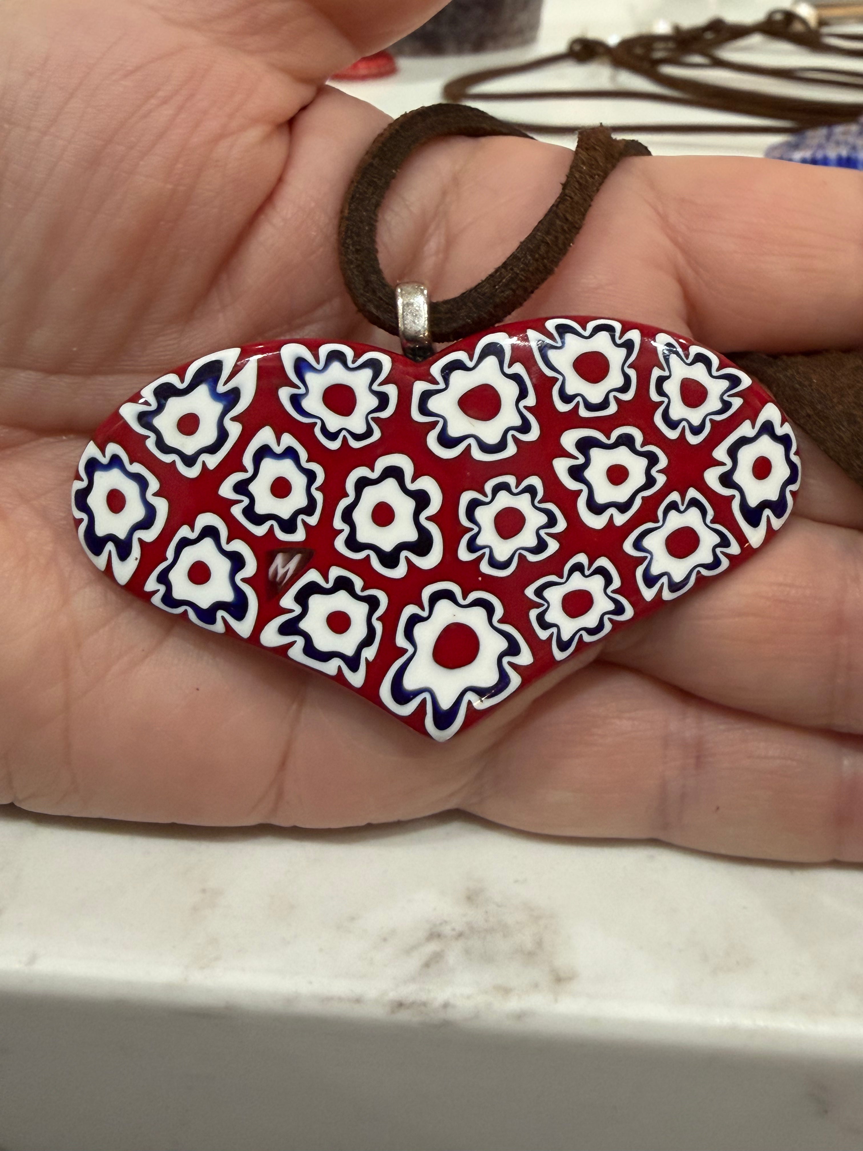 One of a Kind Moretti Heart Shaped Pendants on Strung on Chocolate Brown Vegan Suede With Freshwater Pearl Closure