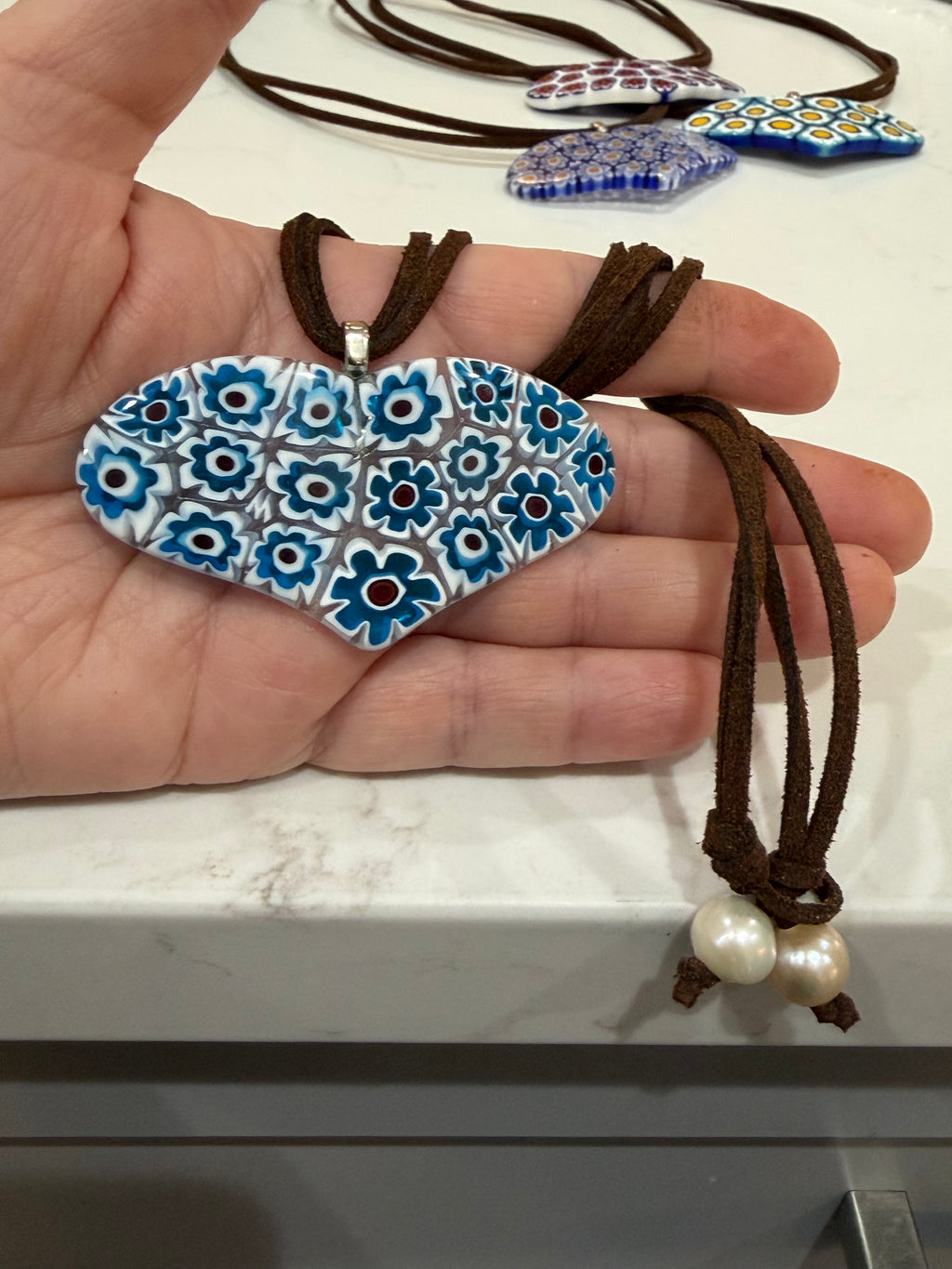 One of a Kind Moretti Heart Shaped Pendants on Strung on Chocolate Brown Vegan Suede With Freshwater Pearl Closure
