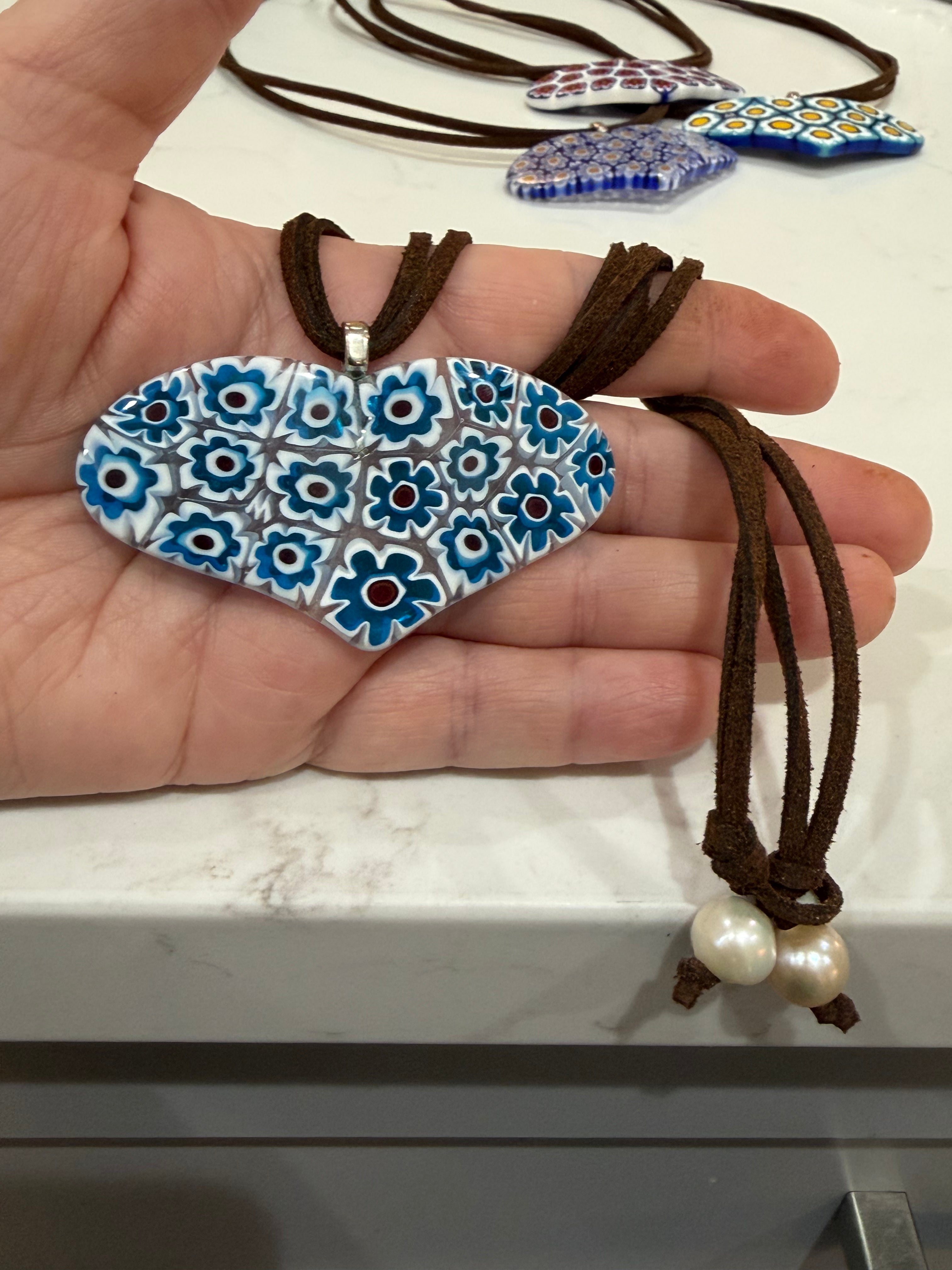 One of a Kind Moretti Heart Shaped Pendants on Strung on Chocolate Brown Vegan Suede With Freshwater Pearl Closure