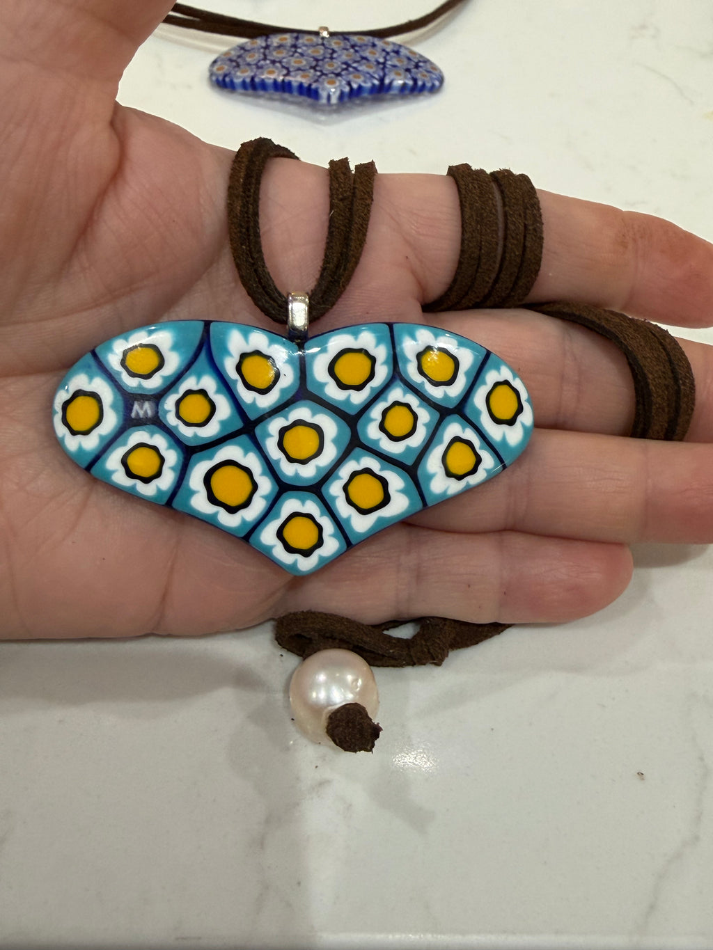 One of a Kind Moretti Heart Shaped Pendants on Strung on Chocolate Brown Vegan Suede With Freshwater Pearl Closure