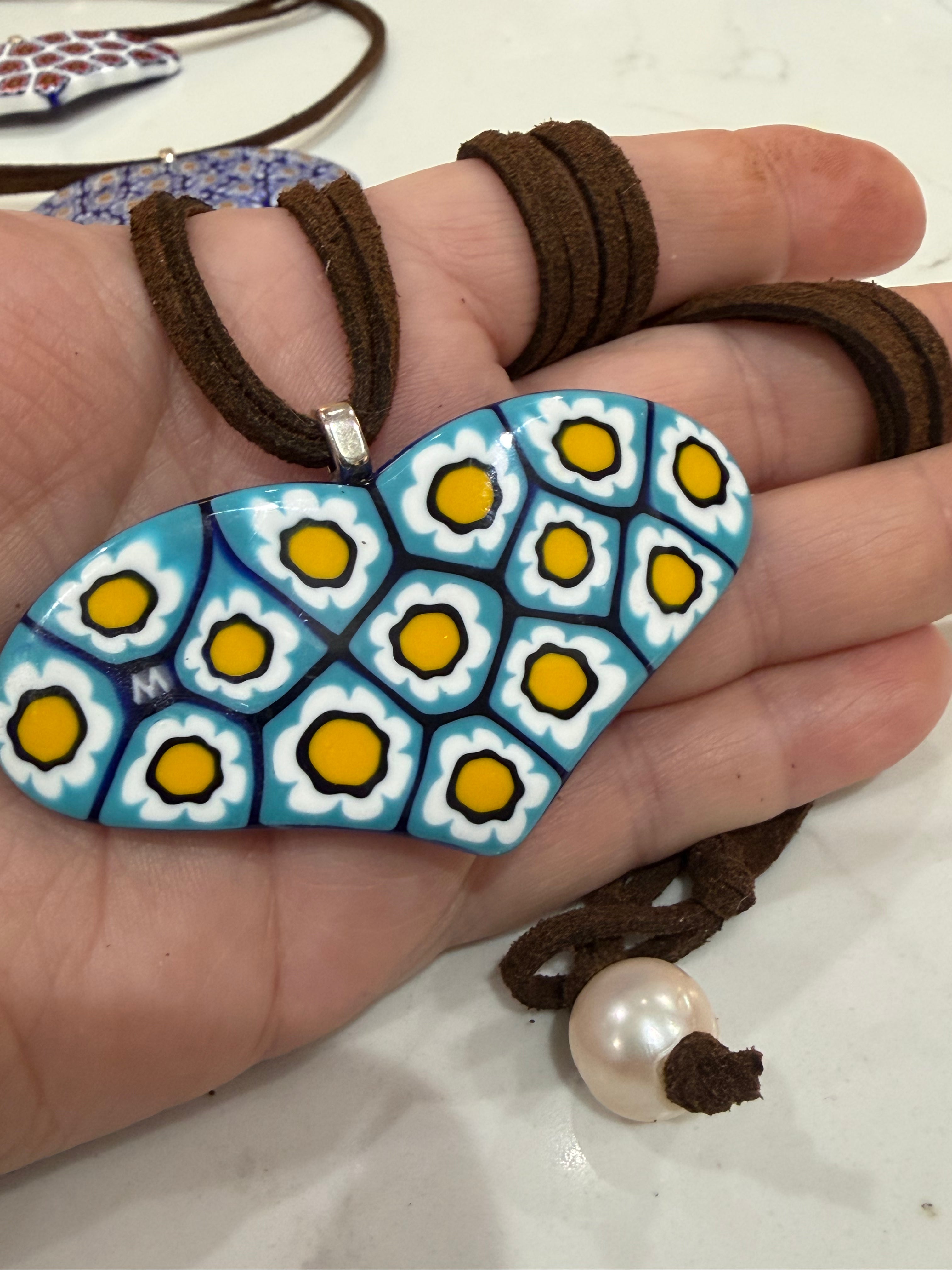 One of a Kind Moretti Heart Shaped Pendants on Strung on Chocolate Brown Vegan Suede With Freshwater Pearl Closure