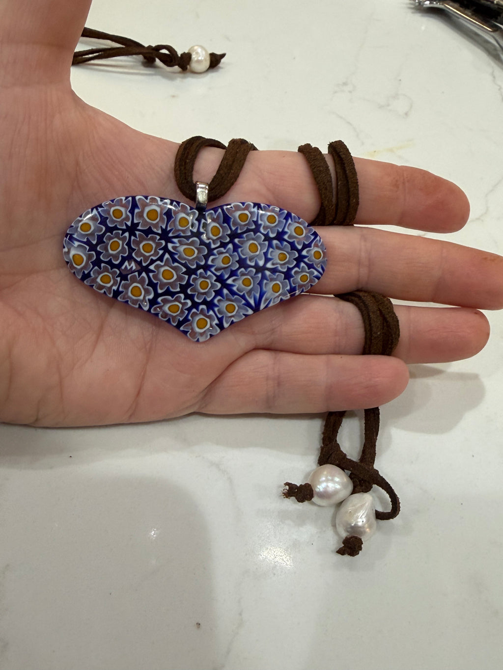 One of a Kind Moretti Heart Shaped Pendants on Strung on Chocolate Brown Vegan Suede With Freshwater Pearl Closure