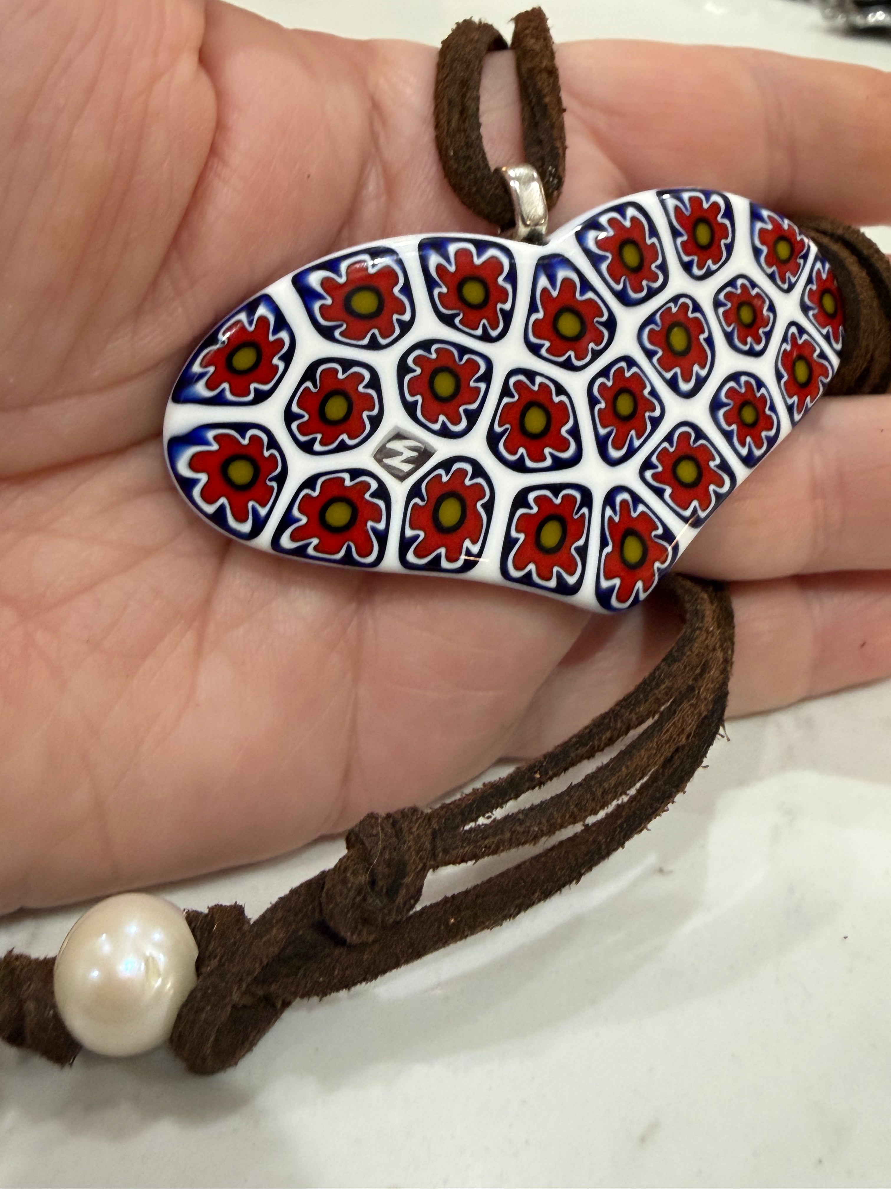 One of a Kind Moretti Heart Shaped Pendants on Strung on Chocolate Brown Vegan Suede With Freshwater Pearl Closure