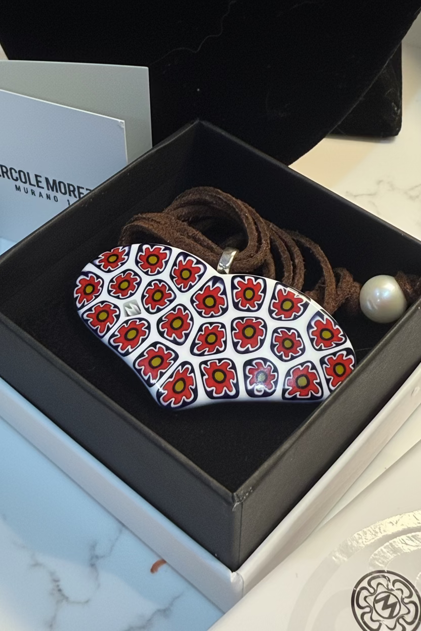 One of a Kind Moretti Heart Shaped Pendants on Strung on Chocolate Brown Vegan Suede With Freshwater Pearl Closure