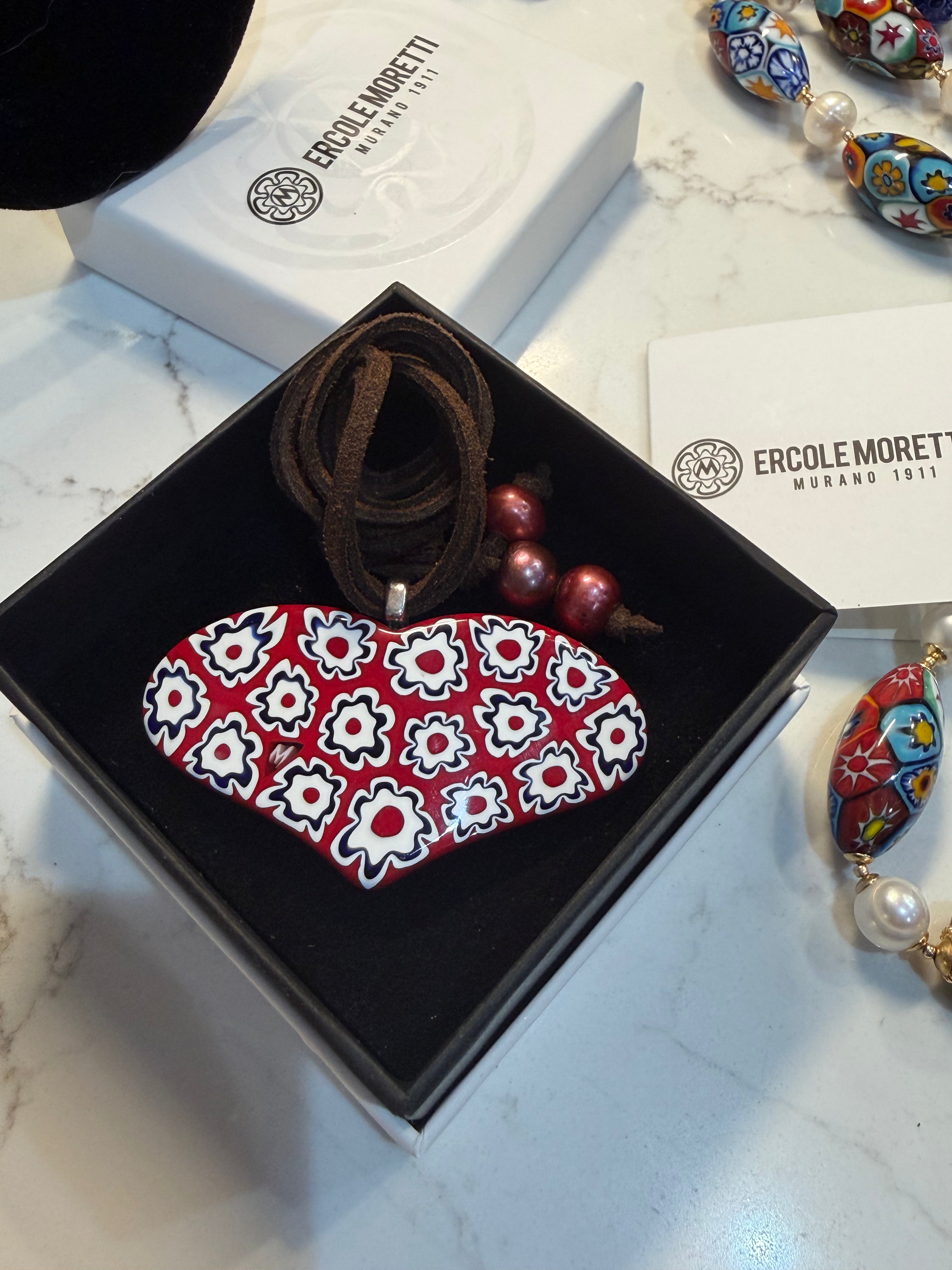 One of a Kind Moretti Heart Shaped Pendants on Strung on Chocolate Brown Vegan Suede With Freshwater Pearl Closure
