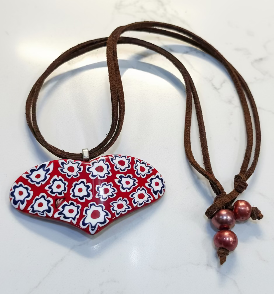 One of a Kind Moretti Heart Shaped Pendants on Strung on Chocolate Brown Vegan Suede With Freshwater Pearl Closure