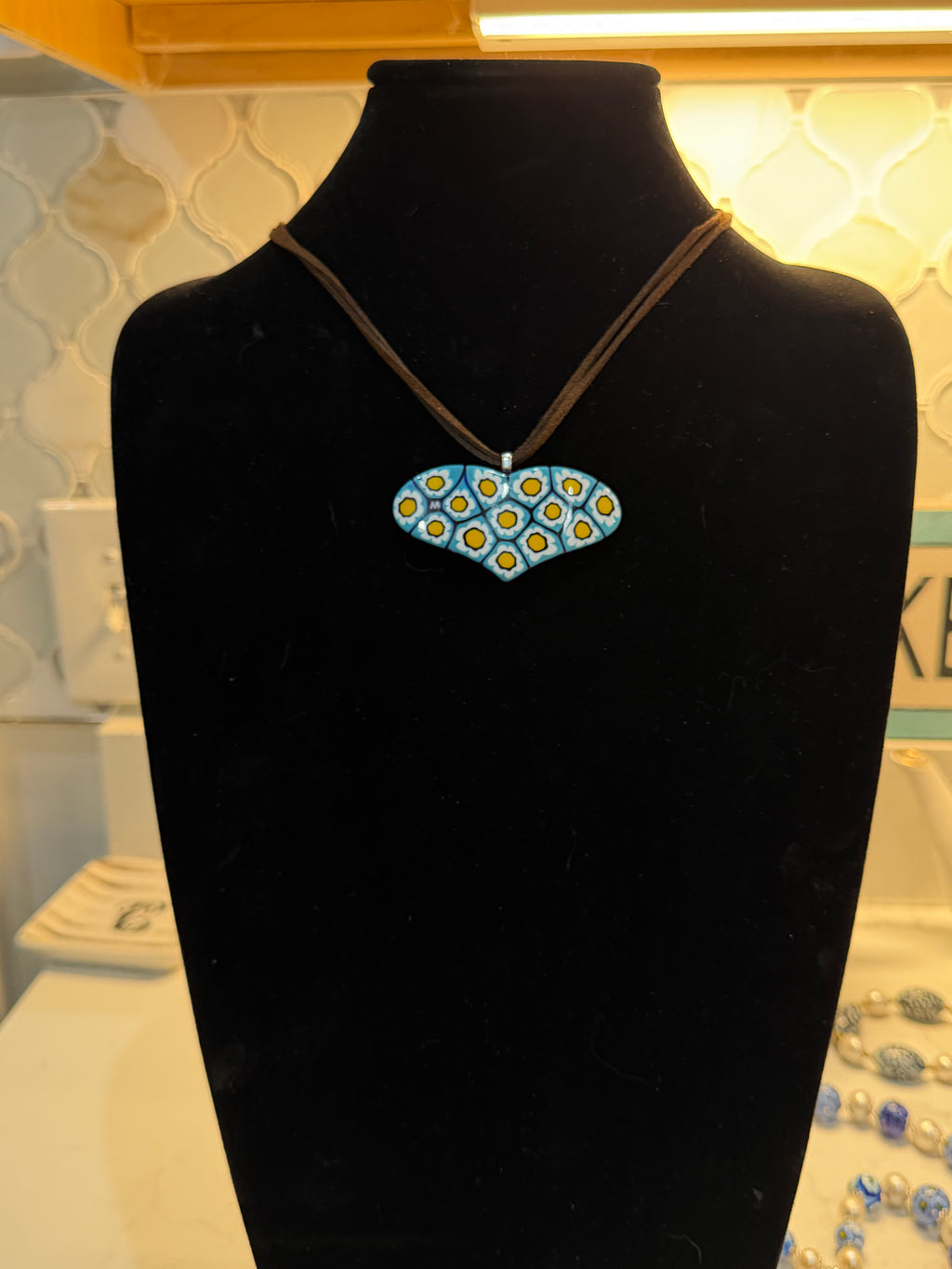 One of a Kind Moretti Heart Shaped Pendants on Strung on Chocolate Brown Vegan Suede With Freshwater Pearl Closure