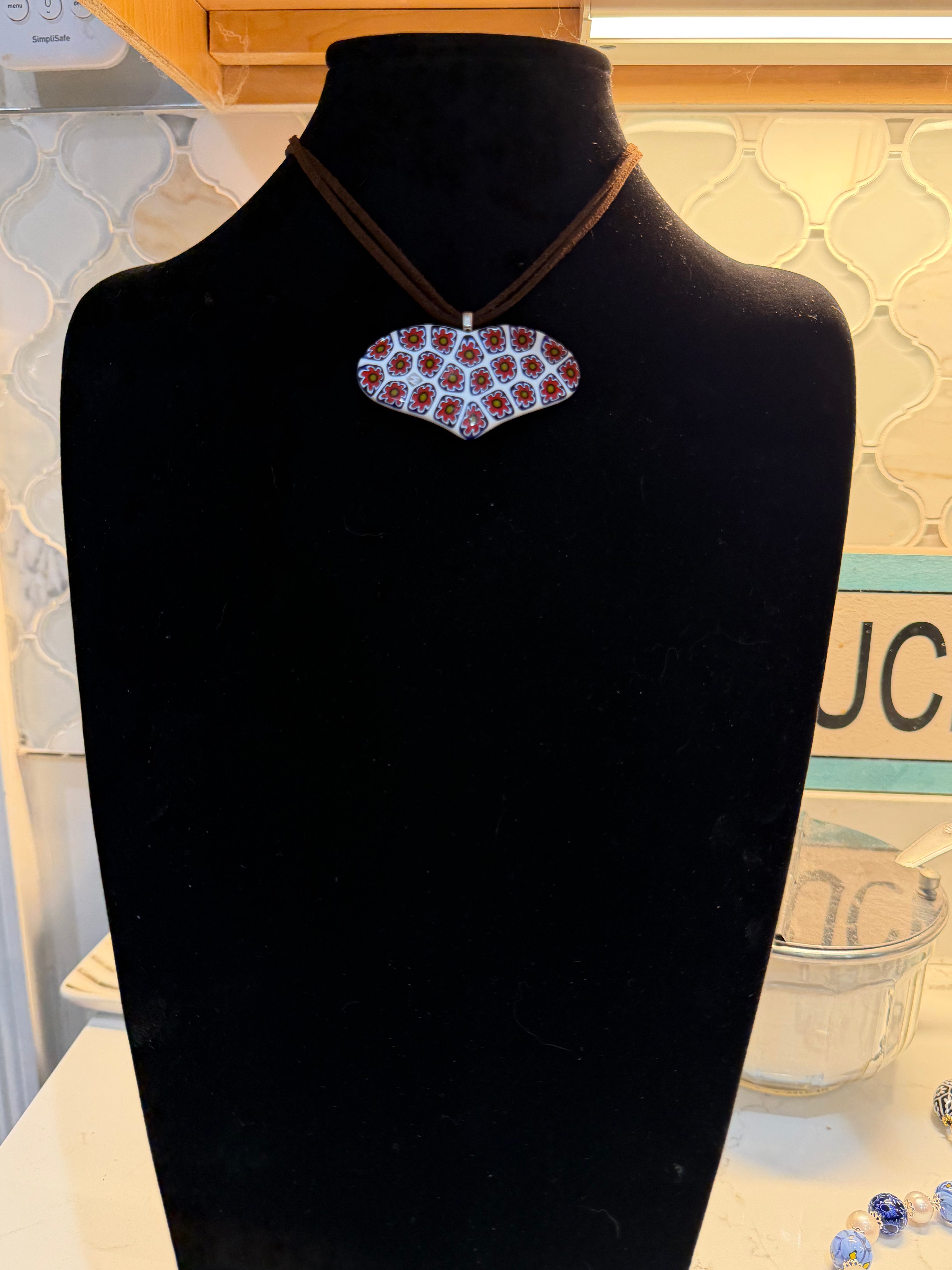 One of a Kind Moretti Heart Shaped Pendants on Strung on Chocolate Brown Vegan Suede With Freshwater Pearl Closure