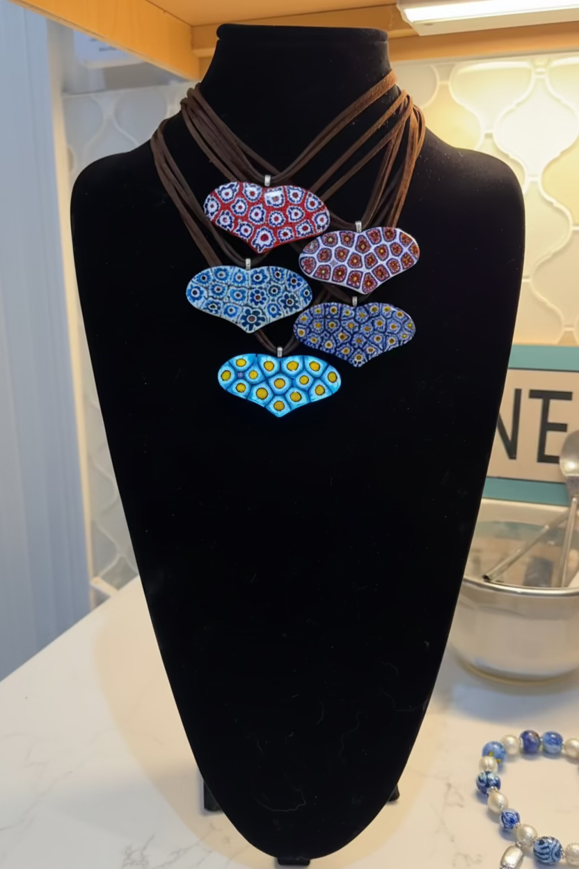 One of a Kind Moretti Heart Shaped Pendants on Strung on Chocolate Brown Vegan Suede With Freshwater Pearl Closure