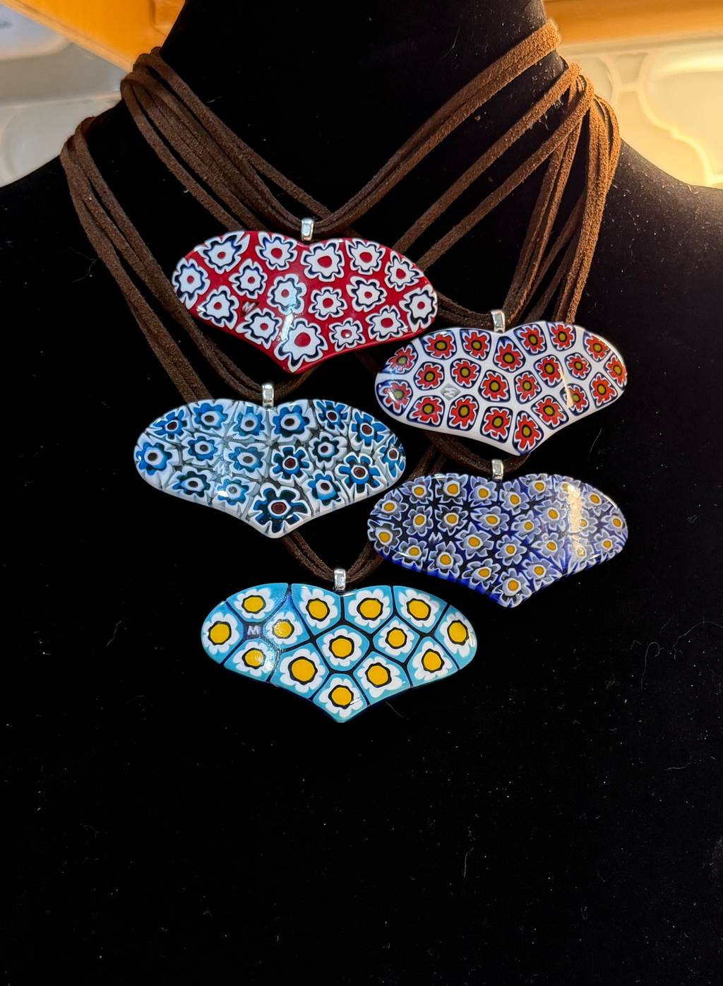 One of a Kind Moretti Heart Shaped Pendants on Strung on Chocolate Brown Vegan Suede With Freshwater Pearl Closure