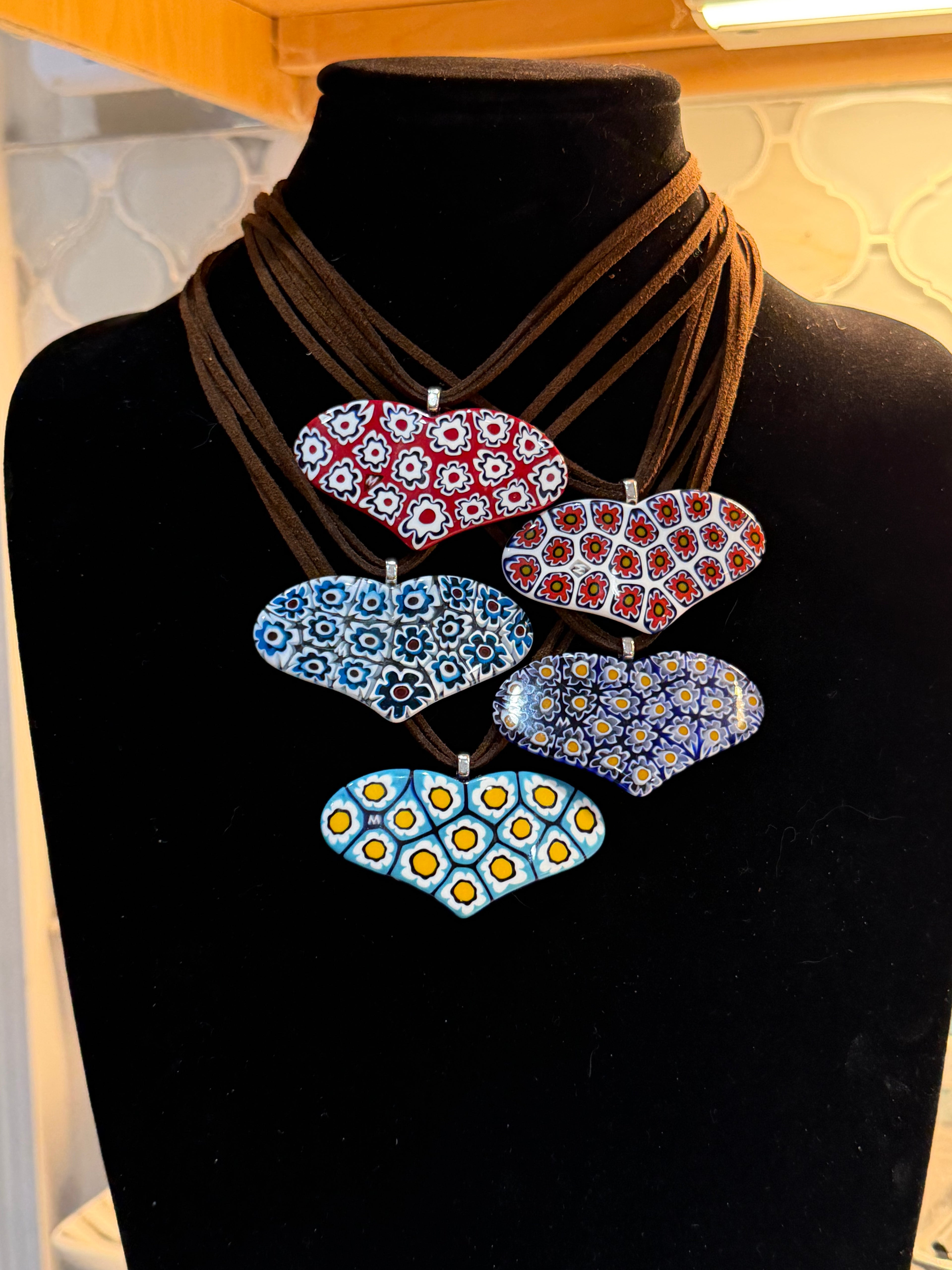 One of a Kind Moretti Heart Shaped Pendants on Strung on Chocolate Brown Vegan Suede With Freshwater Pearl Closure